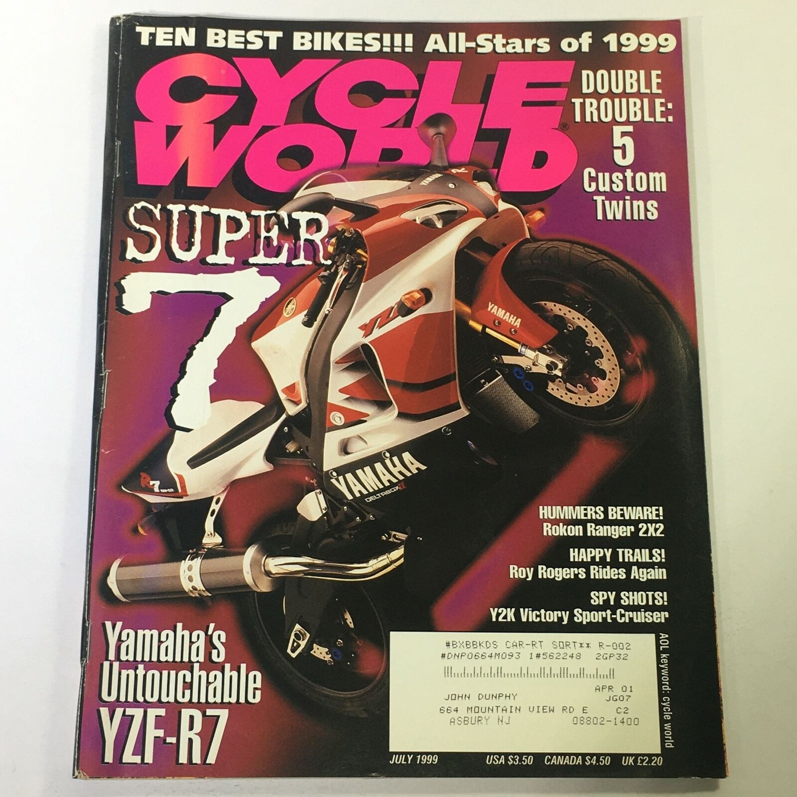 Cycle World Magazine July 1999 - Yamaha YZF-R7 / Rokon Ranger 2x2 / Roy Rogers