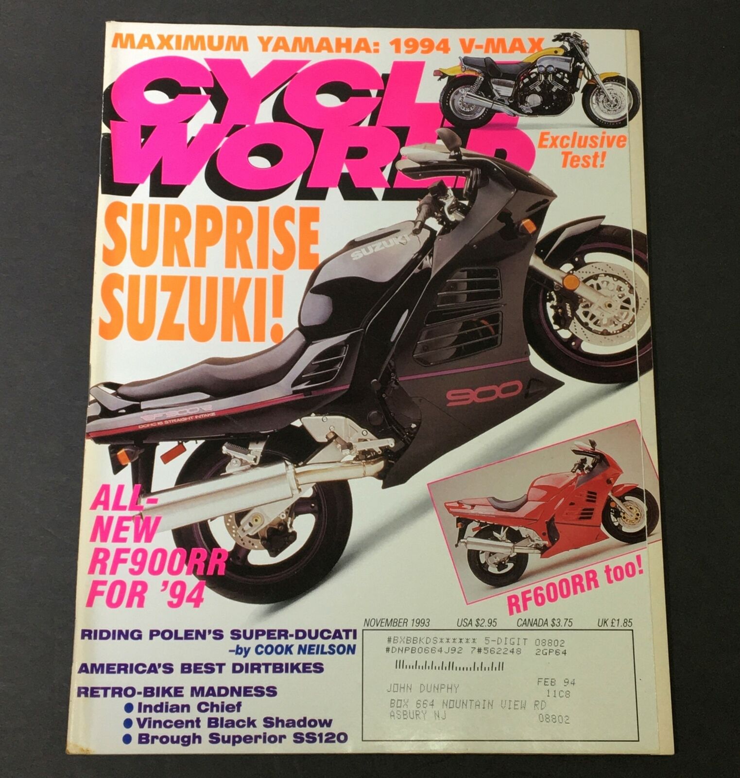 Cycle World Magazine November 1993 - Suzuki RF900RR / Yamaha 1994 V-Max