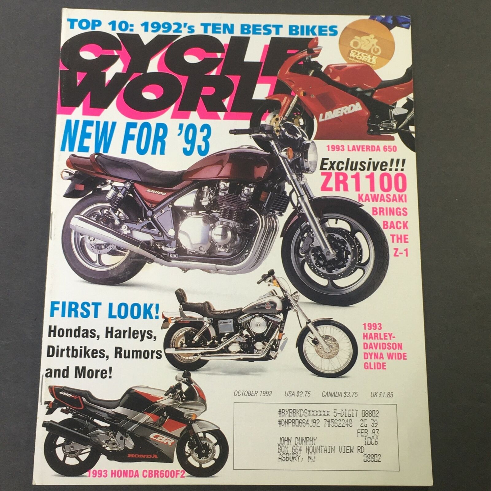 Cycle World Magazine October 1992 - Kawasaki ZR1100 / Laverda 650 / Honda CBR600