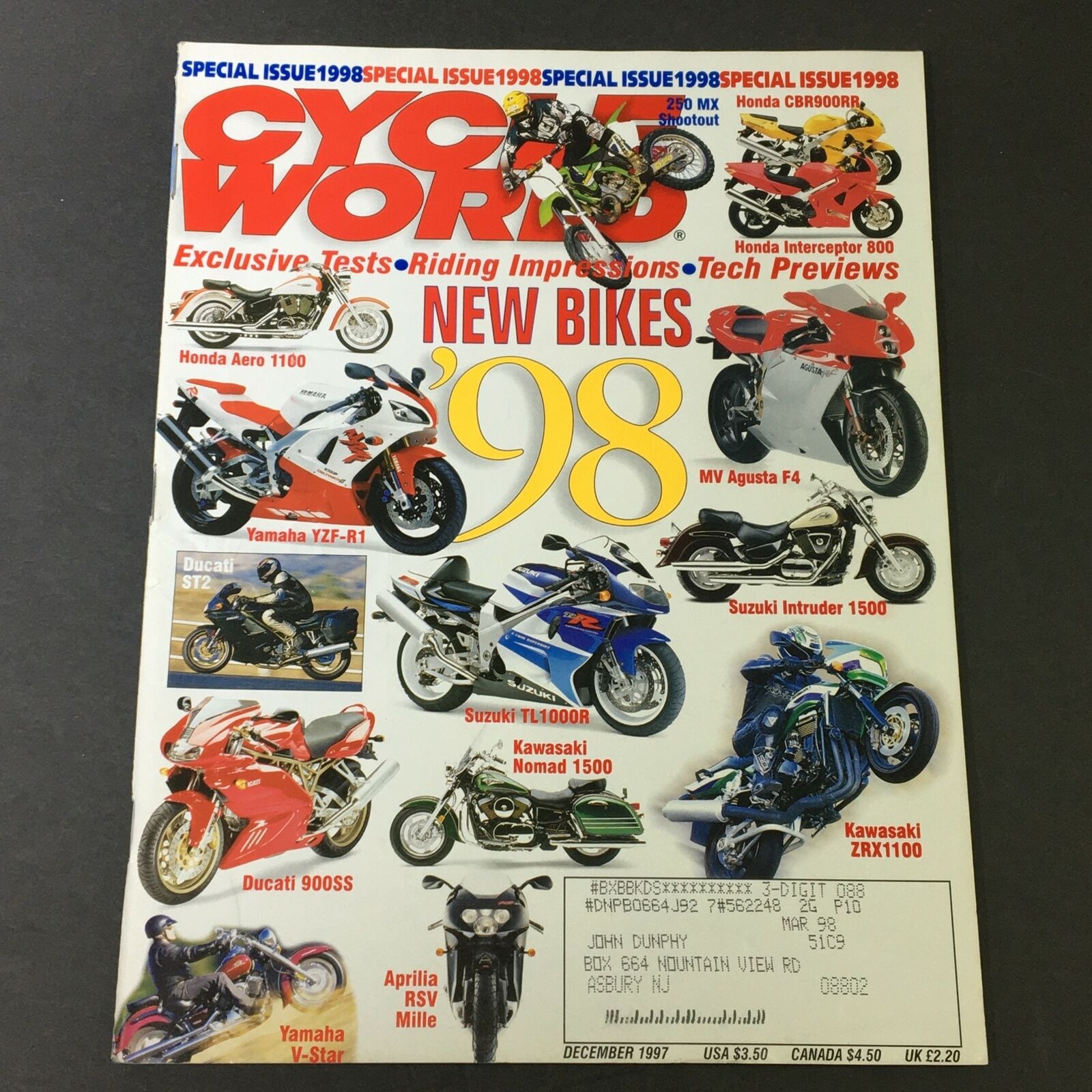 Cycle World Magazine December 1997 - Honda Aero 1100 / Yamaha YZF-R1 / MV Agusta