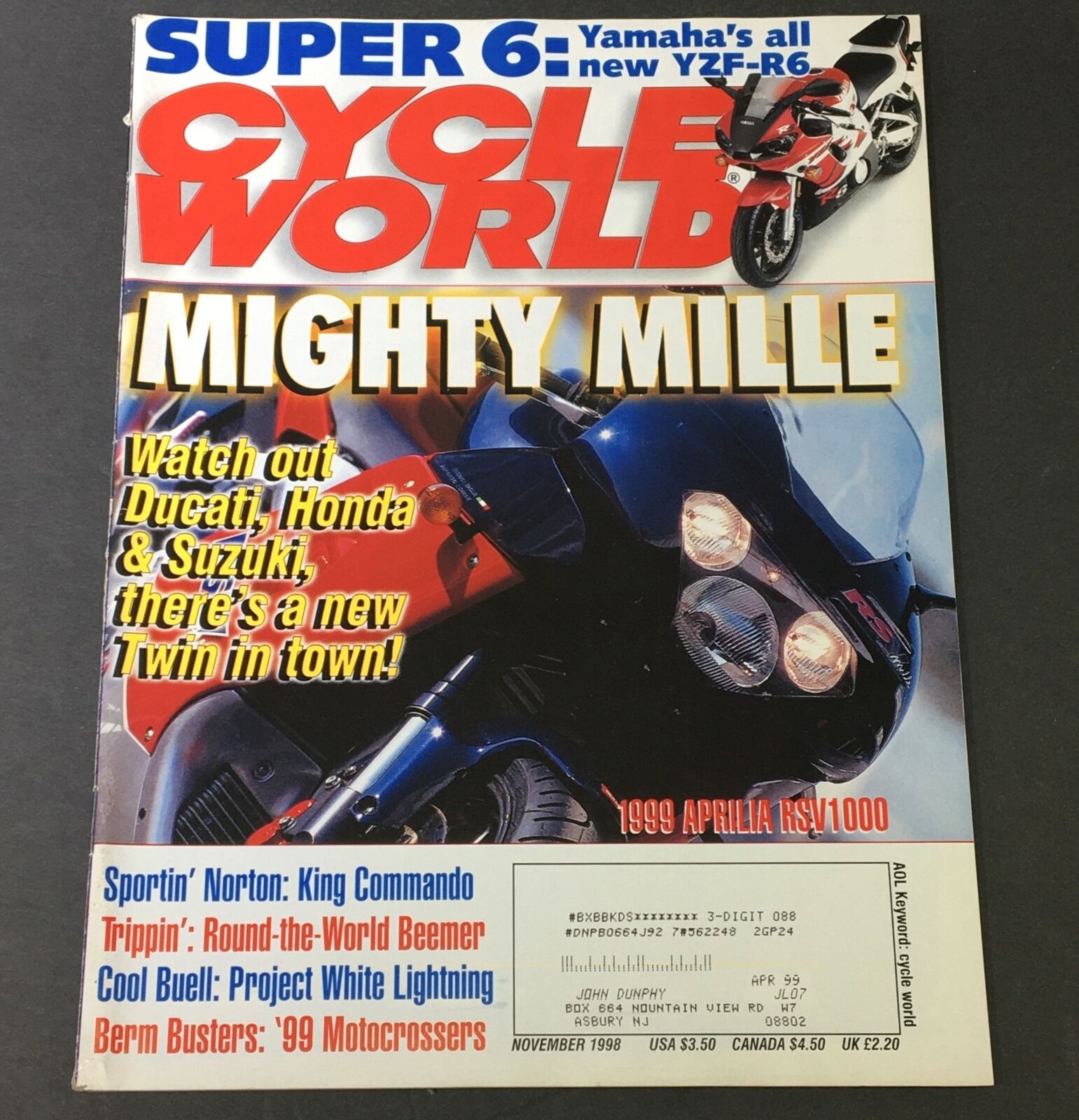 Cycle World Magazine November 1998 - Yamaha YZF-R6 / 1999 Aprilla RSV1000