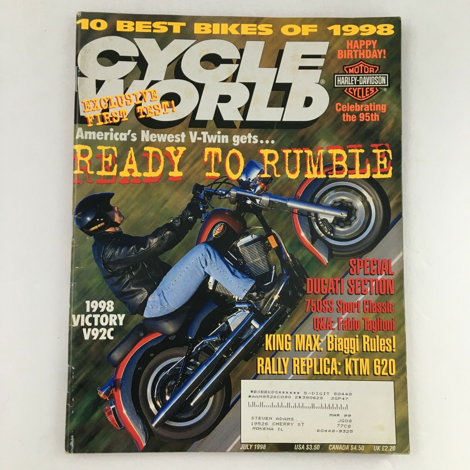 Cycle World Magazine July 1998 Ducati 750SS Sport Classic & Victory V92C, VG