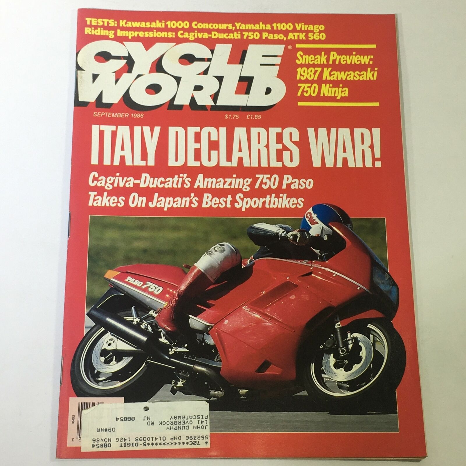 VTG Cycle World Magazine September 1986 - Kawasaki 1000 / Yamaha 1100 Virago