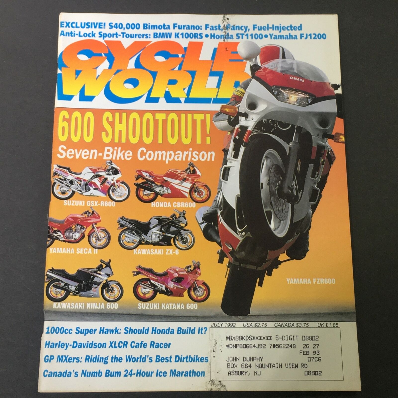 Cycle World Magazine July 1992 - Suzuki GSX-R600, Honda CBR600 & Yamaha FZR600