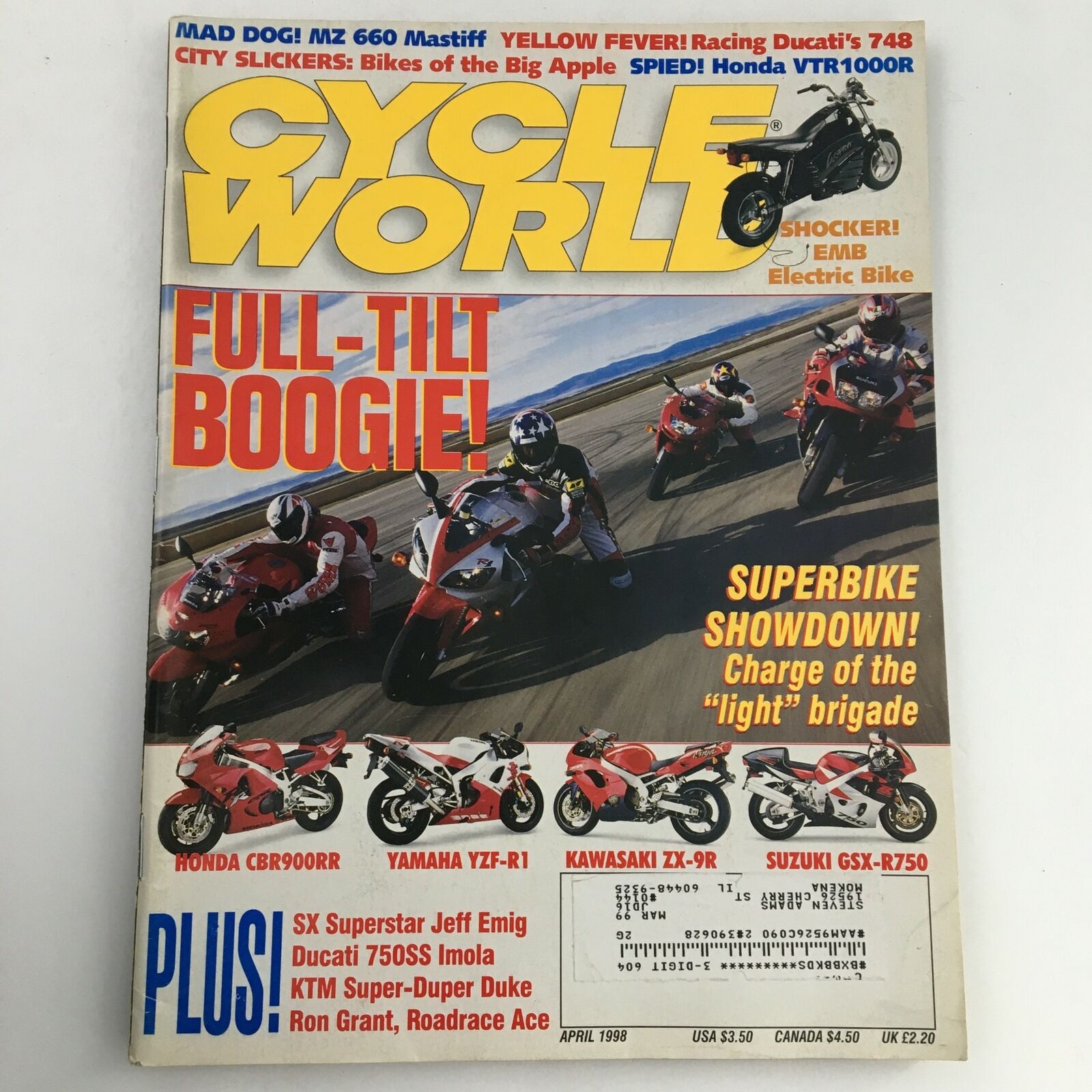 Cycle World Magazine April 1998 EMB Electric Bike & SX Superstar Jeff Emig