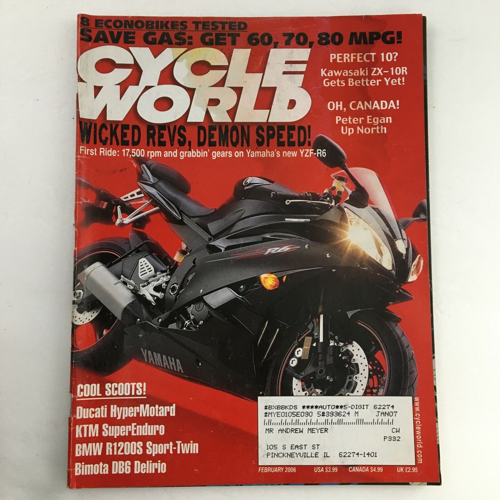 Cycle World Magazine February 2006 Kawasaki ZX-10R & Peter Egan Up North