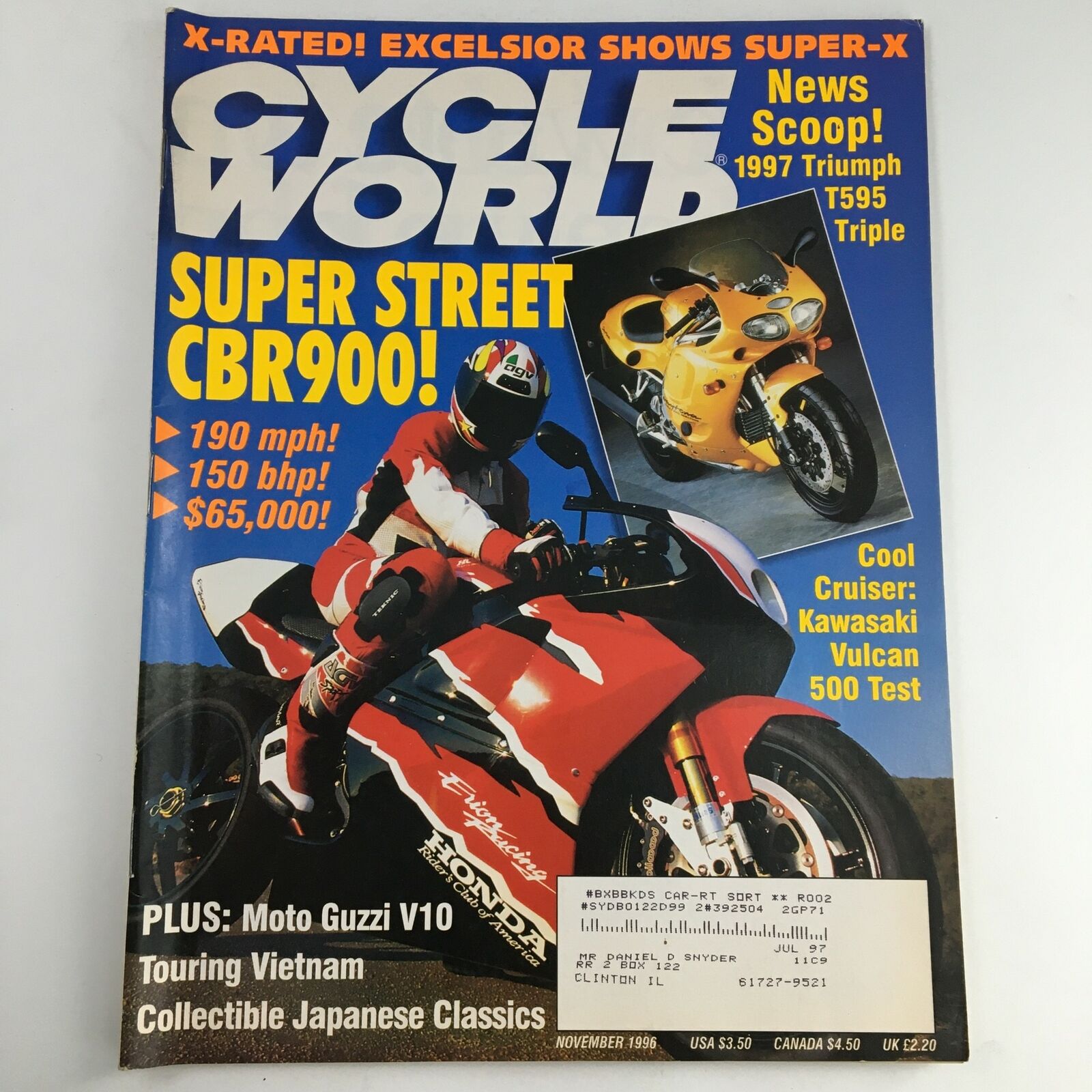 Cycle World Magazine November 1996 Cool Cruiser Kawasaki Vulcan 500 Test, VG