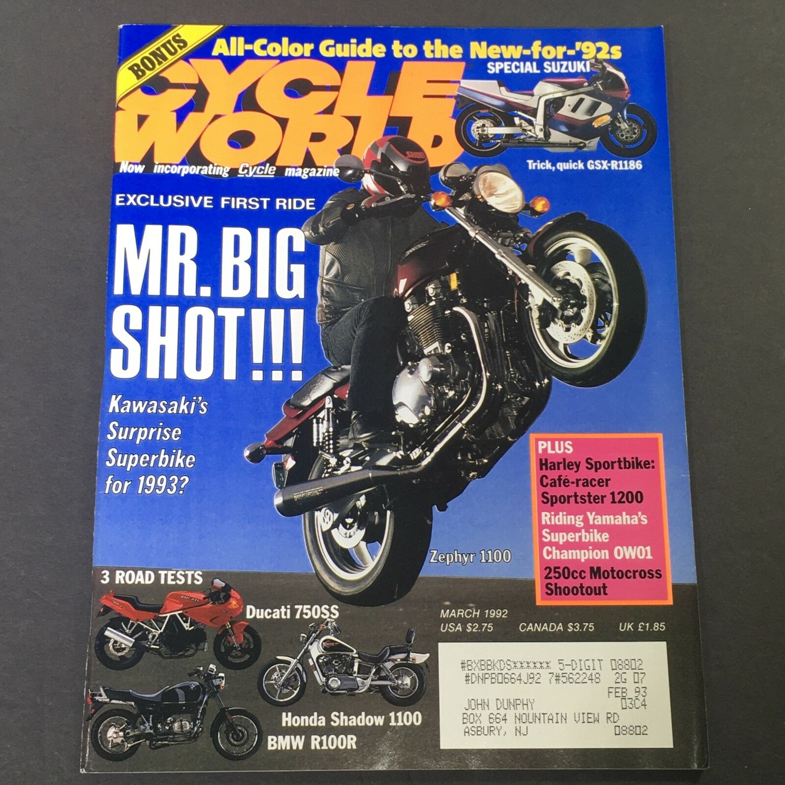 Cycle World Magazine March 1992 - Ducati 750SS, Honda Shadow 1100 & BMW R100R