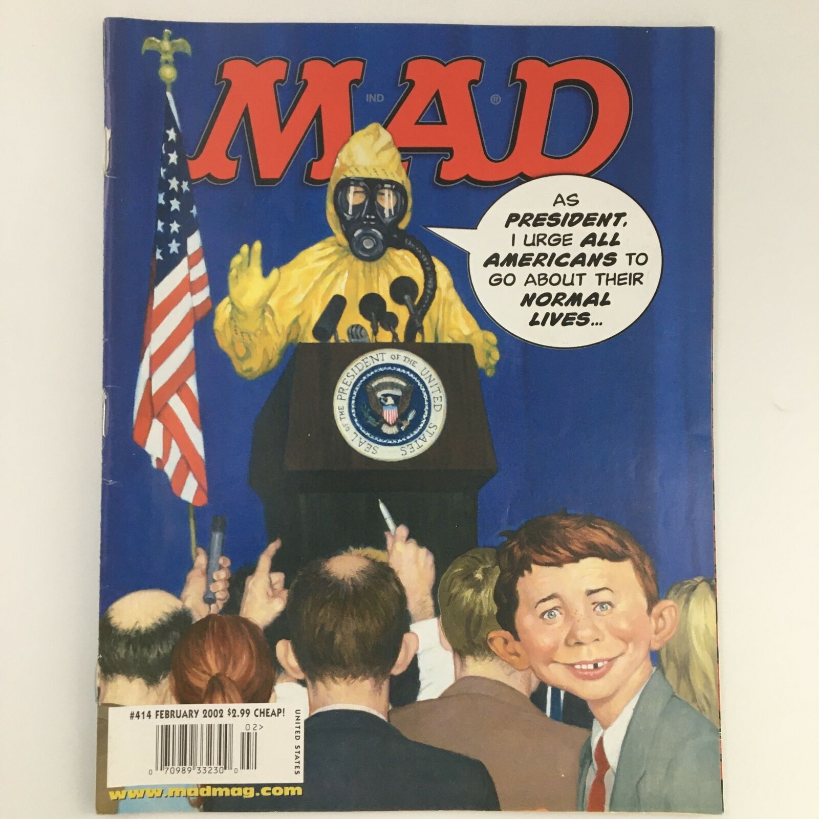 Mad Magazine February 2002 #414 George W. Bush in Hazmat Suit Cover, Newsstand