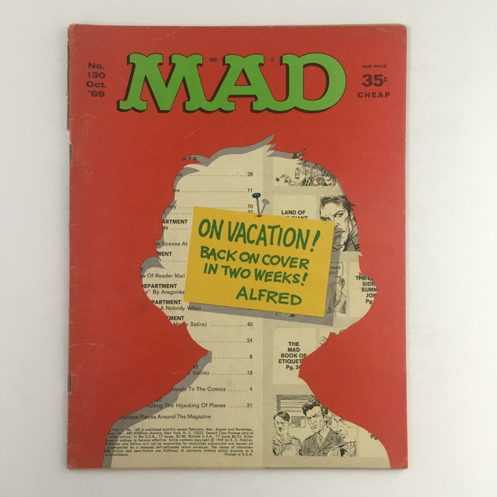 Mad Magazine October 1969 No. 130 Alfred On Vacation!  VG Very Good