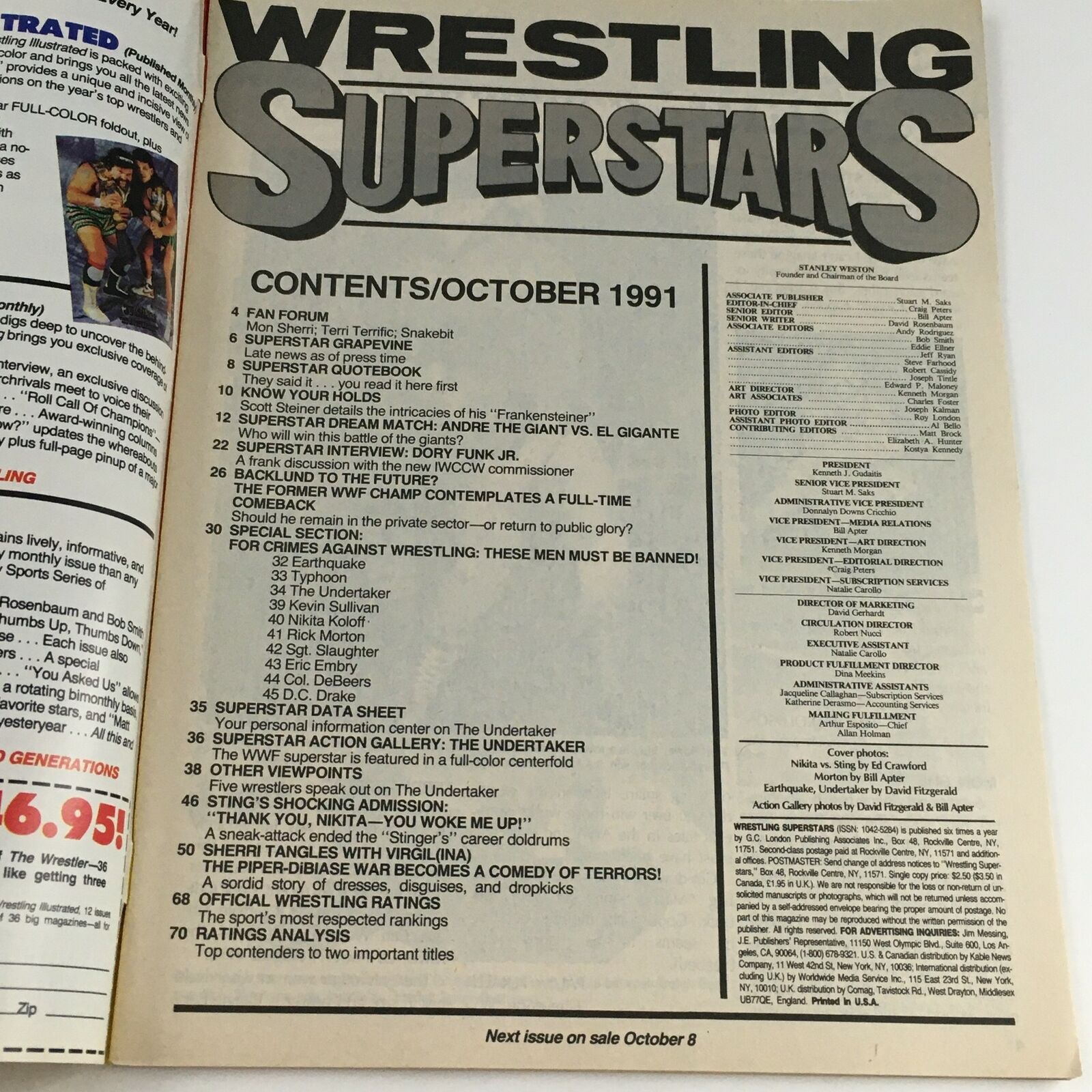 Wrestling Superstars Magazine October 1991 Andre The Giant, El Gigante, No Label