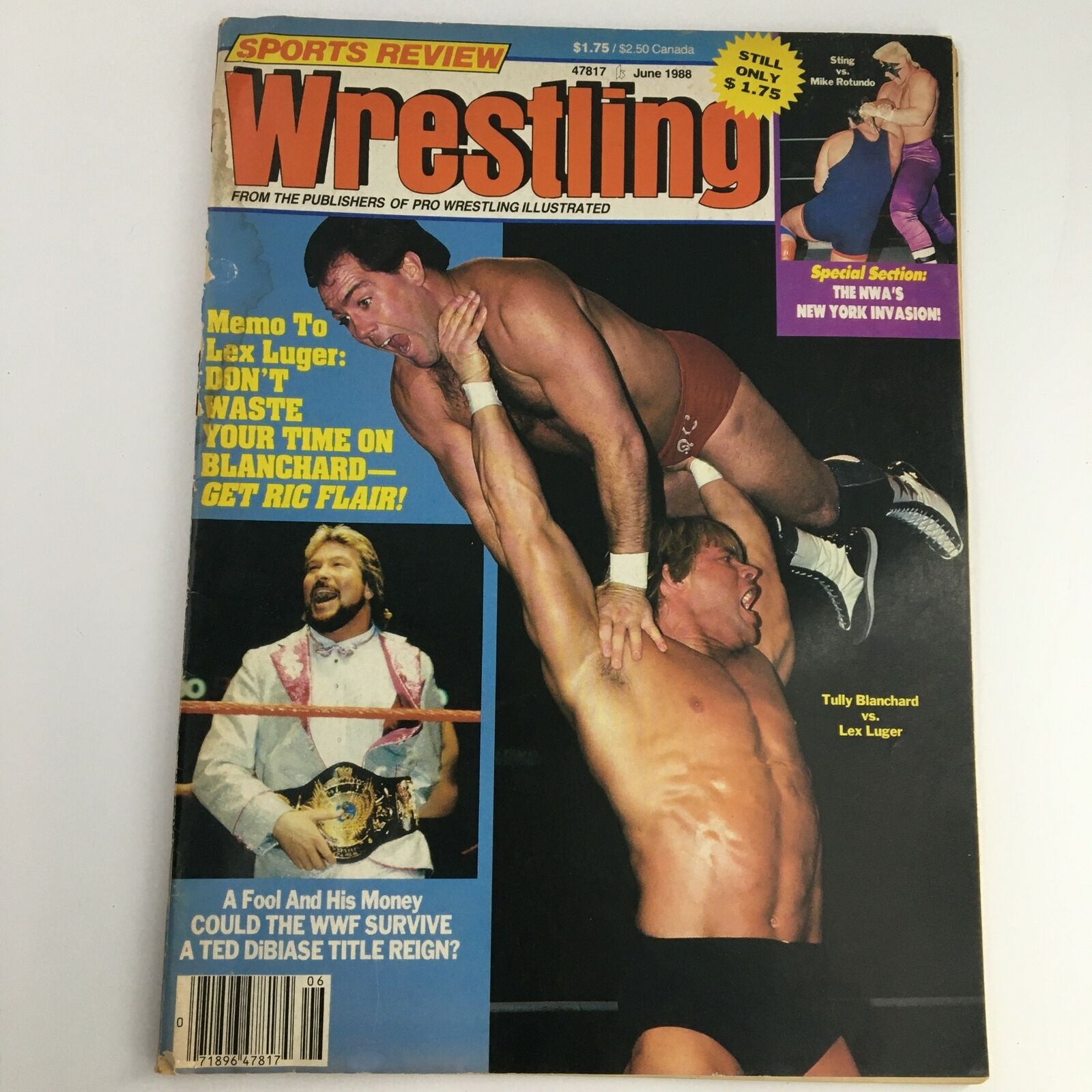 Cover of Sports Review Wrestling Magazine June 1988 featuring Tully Blanchard vs Lex Luger, showcasing a dramatic wrestling moment and advertisements highlighting wrestling events.