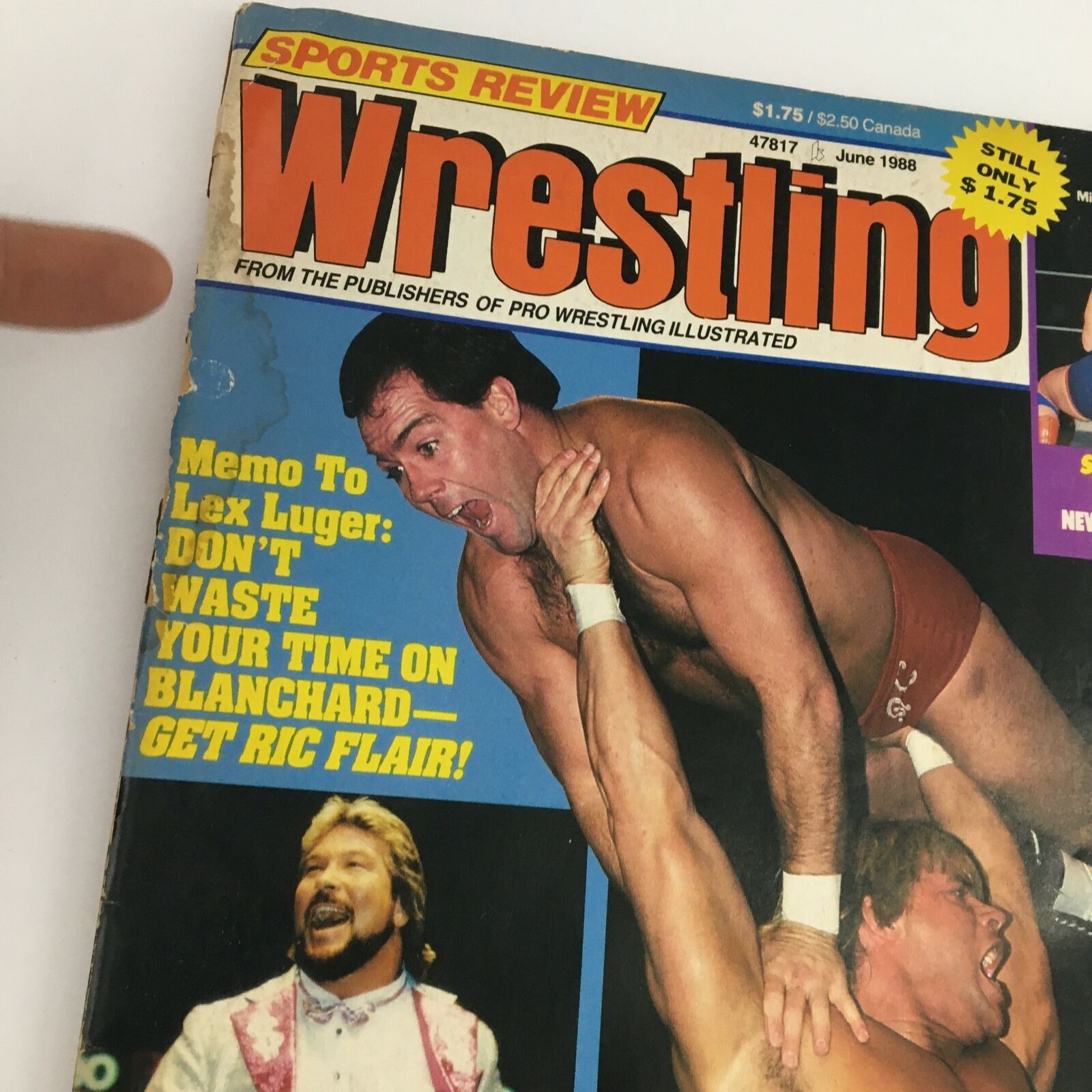 Close-up view of the cover of Sports Review Wrestling Magazine June 1988, spotlighting the intense match between Tully Blanchard and Lex Luger, with promotional text on wrestling strategies.