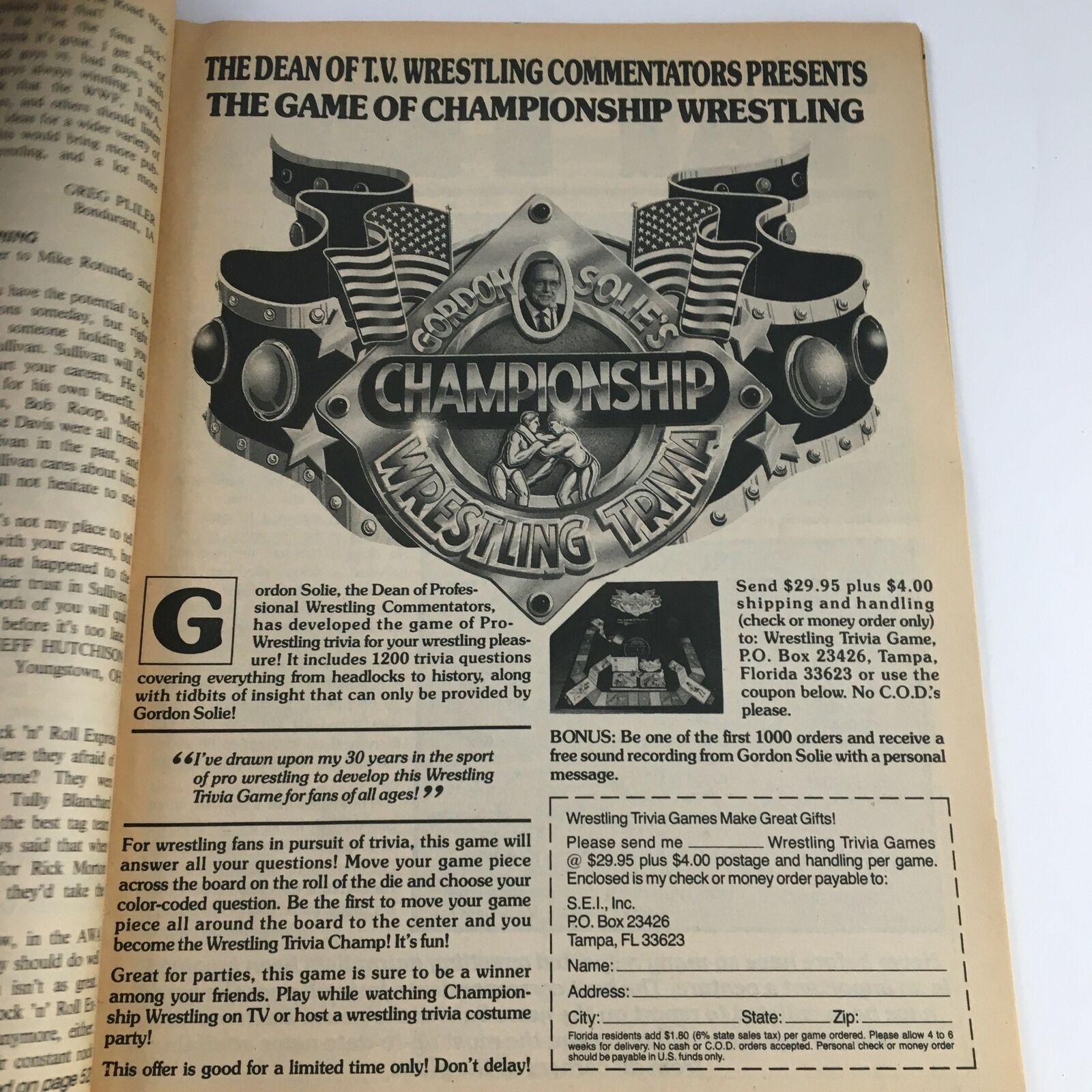 Interior page from Sports Review Wrestling Magazine June 1988 featuring the championship wrestling trivia game advertisement by Gordon Solie.