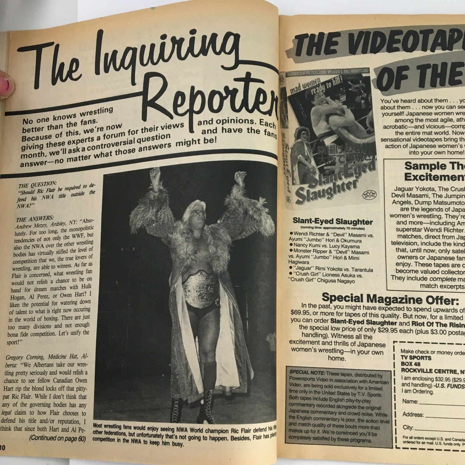 Interior page from Sports Review Wrestling Magazine June 1988 showing an inquiry titled 'The Inquiring Reporter' discussing wrestling opinions and featuring an image of a wrestler.