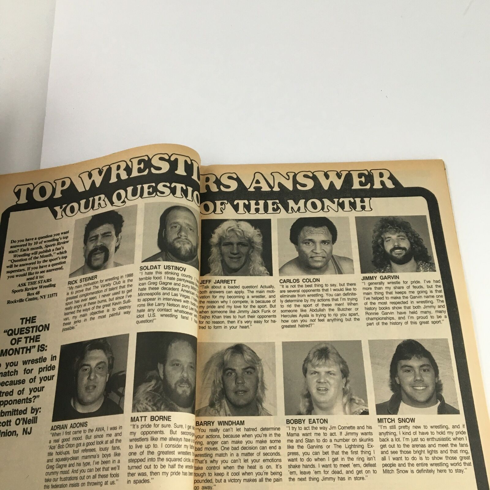 Interior page from Sports Review Wrestling Magazine June 1988 titled 'Top Wrestlers Answer Your Questions of the Month' featuring responses from popular wrestlers.