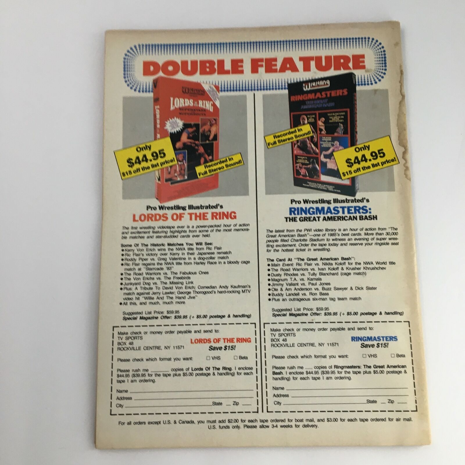Back page of Sports Review Wrestling Magazine June 1988 advertising wrestling videos 'Lords of the Ring' and 'Ringmasters' and their pricing details.