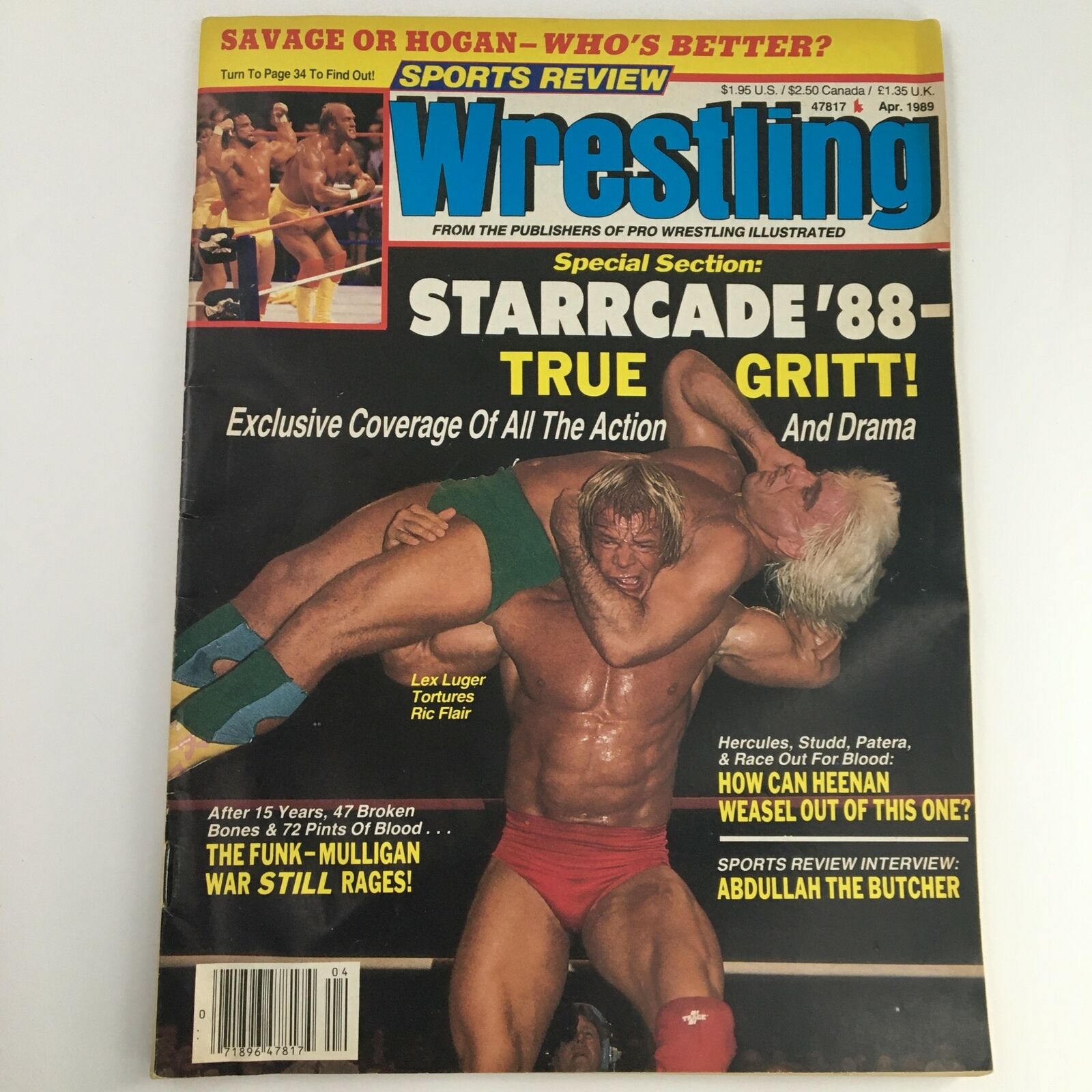 Cover of Sports Review Wrestling April 1989 featuring iconic wrestlers Lex Luger and Ric Flair in action, showcasing the special section on Starrcade '88 and dramatic wrestling moments.
