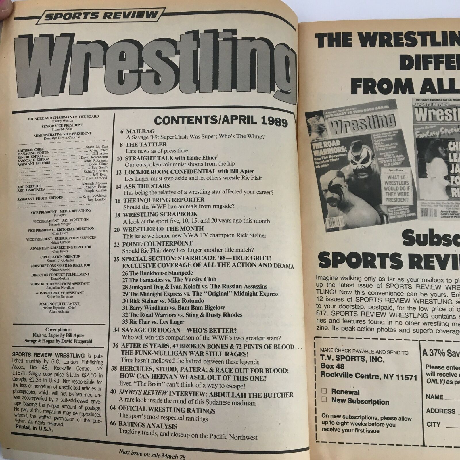 Contents page from Sports Review Wrestling April 1989, detailing articles and features including exclusive coverage of top wrestlers and insights into significant wrestling themes of the era.