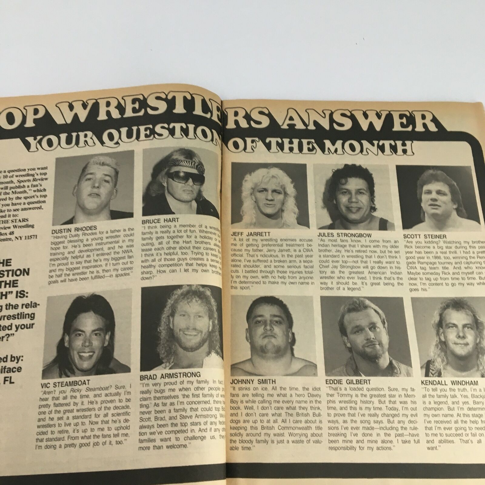 Wrestler profiles and responses in Sports Review Wrestling April 1989, highlighting well-known wrestlers such as Dustin Rhodes, Bruce Hart, and Jeff Jarrett sharing their insights and experiences.
