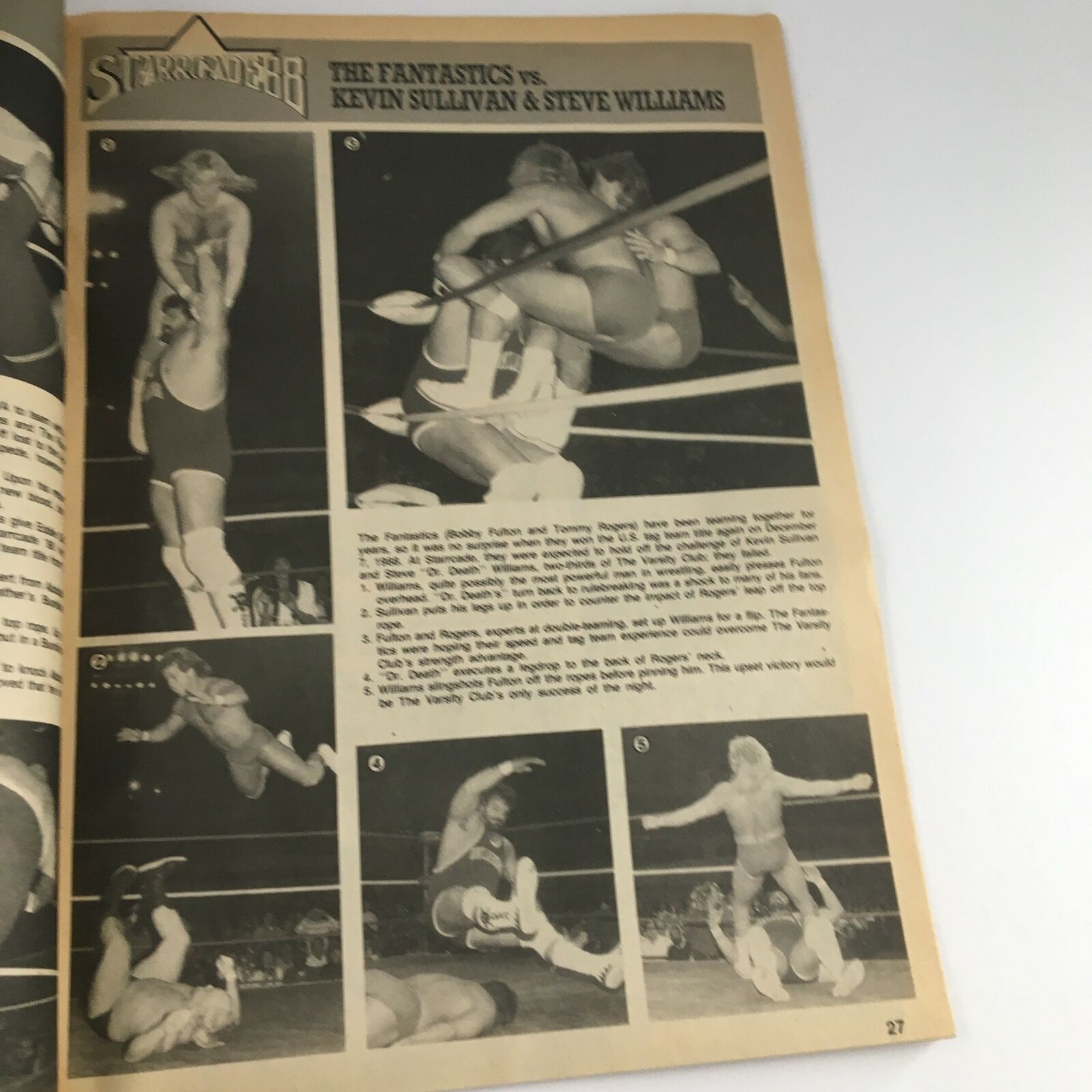 The Fantastics wrestling match vs. Kevin Sullivan and Steve Williams featured in Sports Review Wrestling April 1989 magazine, showcasing key moments from the bout.