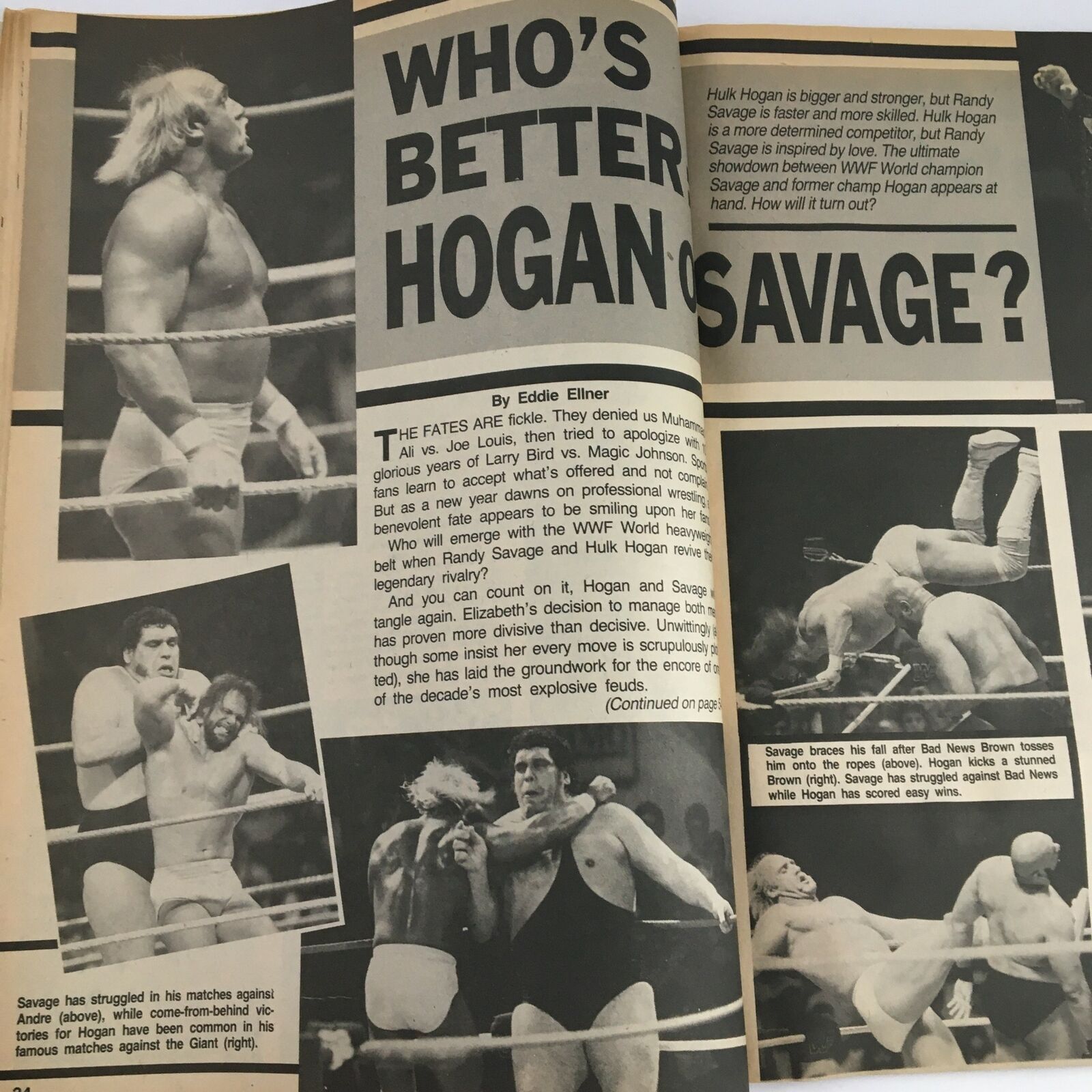 Article discussing the rivalry between Hulk Hogan and Randy Savage in Sports Review Wrestling April 1989 magazine, accompanied by dynamic wrestling action images.