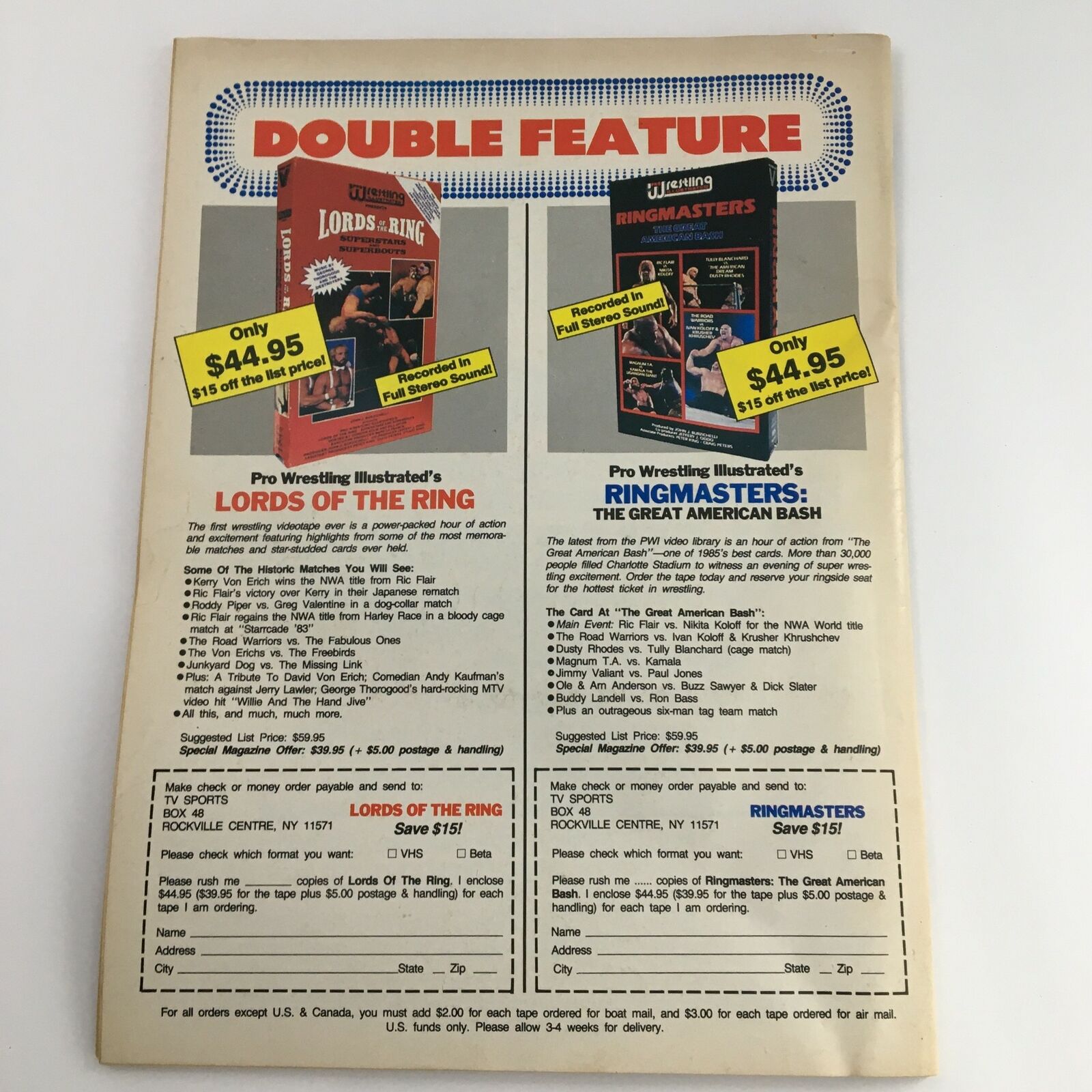 Advertisement page for Pro Wrestling Illustrated video series Lords of the Ring and Ringmasters in Sports Review Wrestling April 1989 magazine, highlighting wrestling coverage.