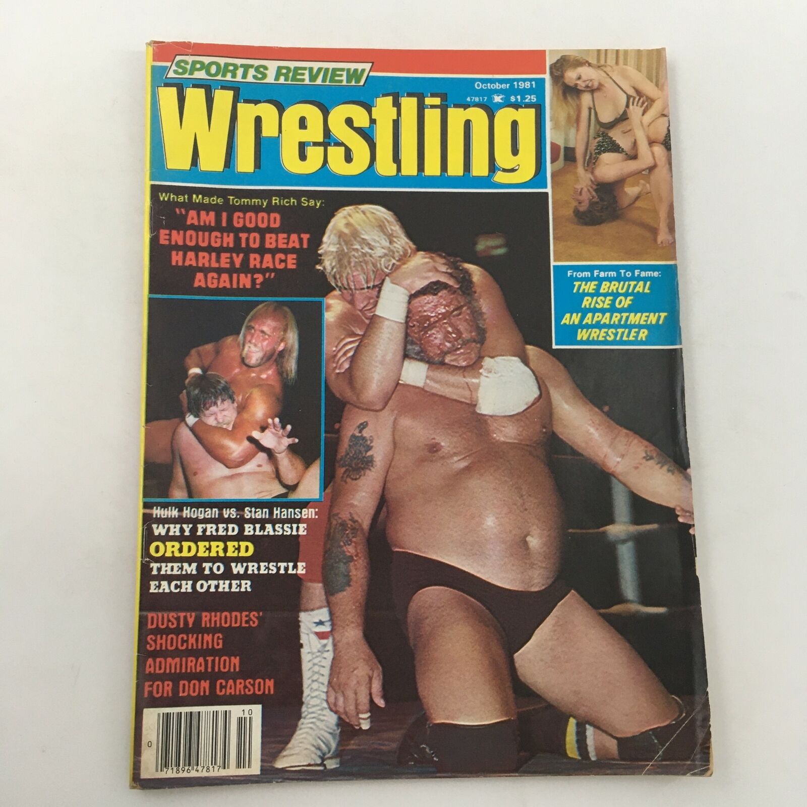 Cover of Sports Review Wrestling Magazine from October 1981 featuring Hulk Hogan vs Stan Hansen, showcasing wrestling action and highlights.