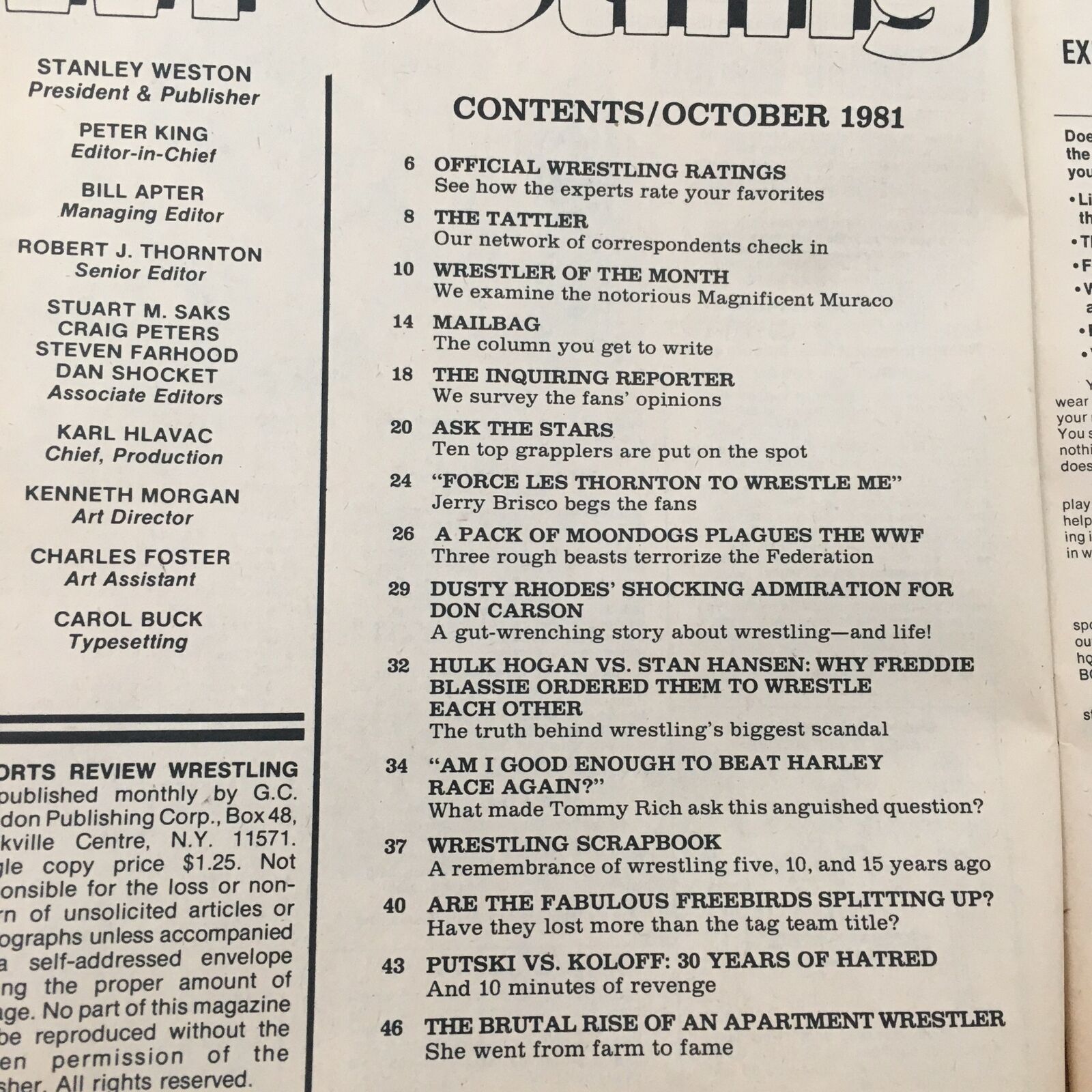 Contents page of Sports Review Wrestling Magazine October 1981, listing articles including Hulk Hogan vs Stan Hansen, official wrestling ratings, and more.