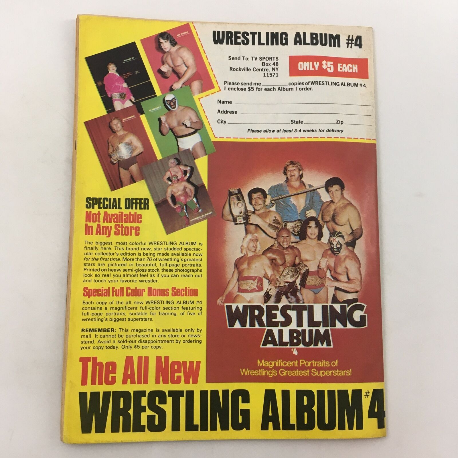 Wrestling Album #4 cover featuring wrestlers and promotional details, from Sports Review Wrestling Magazine October 1981 Hulk Hogan vs Stan Hansen Feature.
