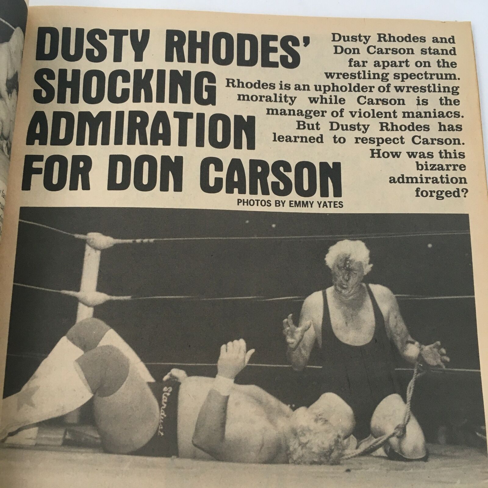 Article featuring Dusty Rhodes in Sports Review Wrestling Magazine October 1981, discussing admiration for Don Carson.