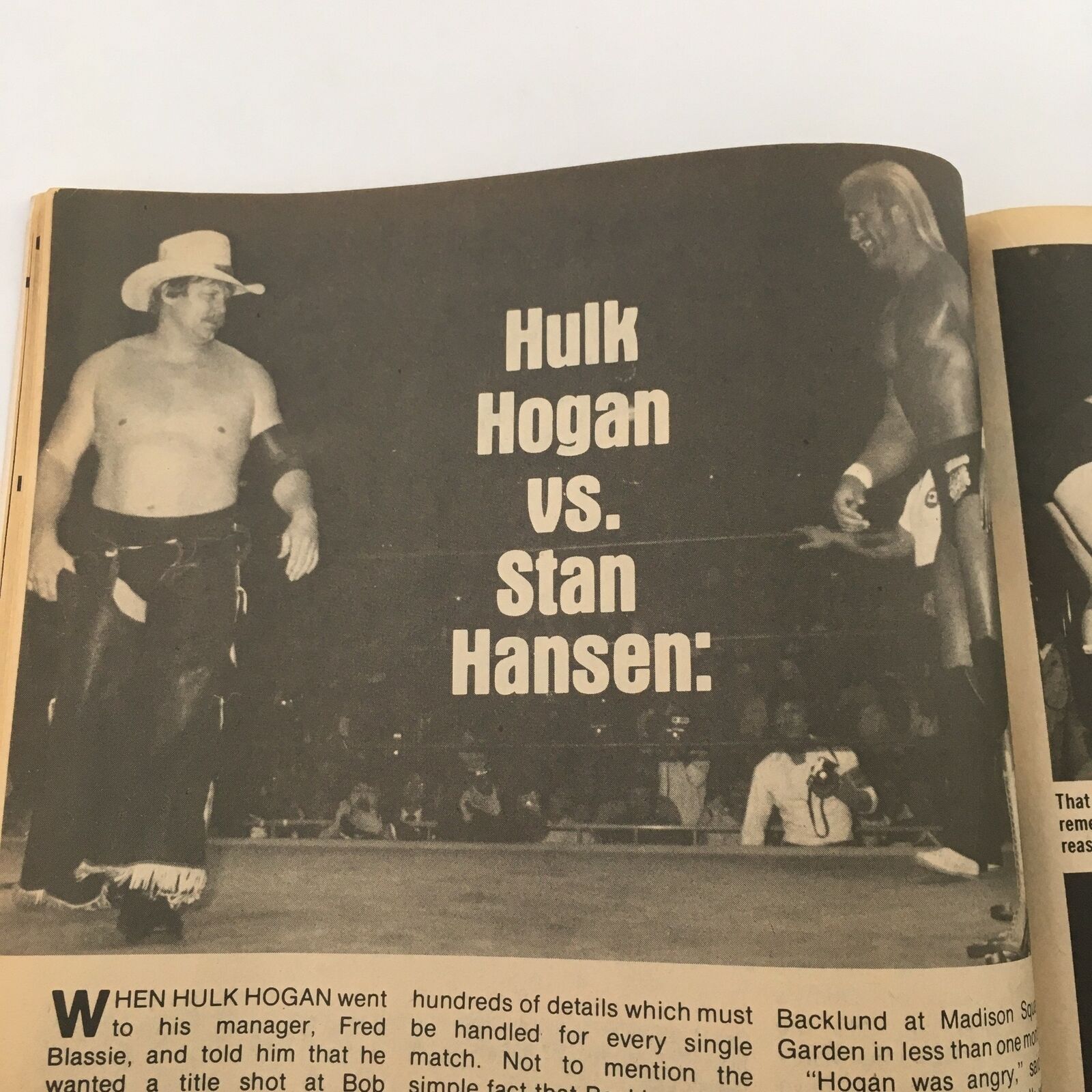 Image of Hulk Hogan vs. Stan Hansen match announcement from Sports Review Wrestling Magazine October 1981.