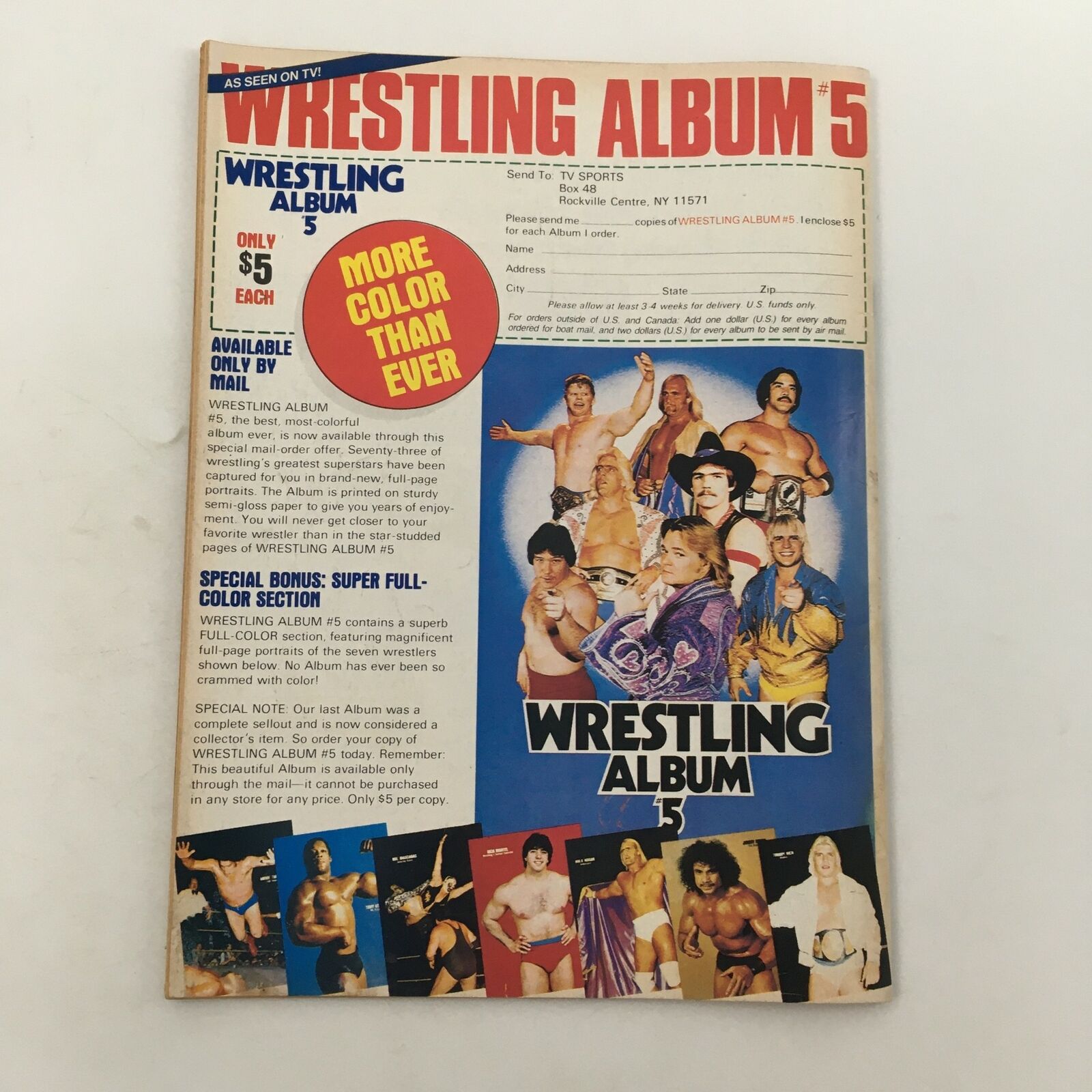 Back cover of The Wrestler Magazine April 1985, promoting Wrestling Album 5 with various wrestlers featured and collectible content.
