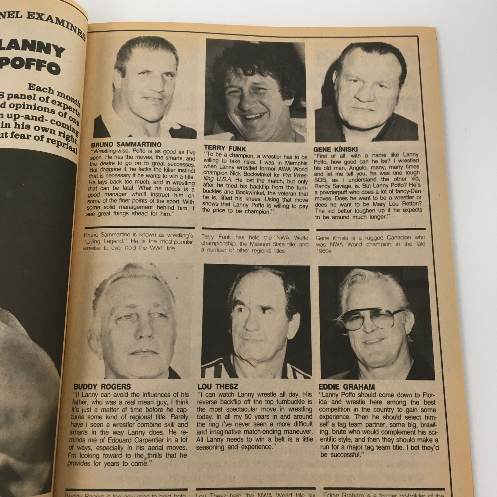 Expert panel discussions in The Wrestler Magazine April 1985 featuring notable wrestling figures like Bruno Sammartino and Terry Funk sharing insights.