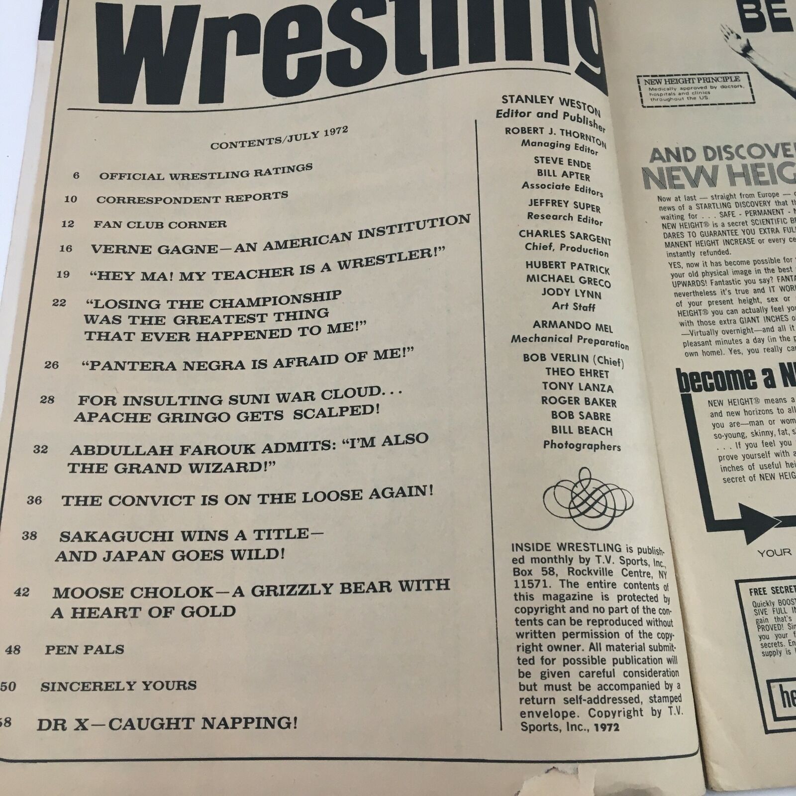 Inside Wrestling Magazine July 1972 Bruno Sammartino & Abdullah Farouk No Label