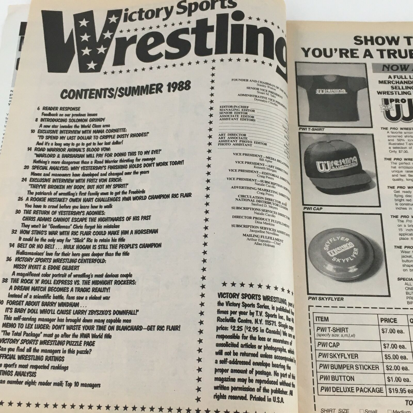 Contents page of Victory Sports Wrestling Magazine Summer 1988 featuring articles and merchandise highlights.
