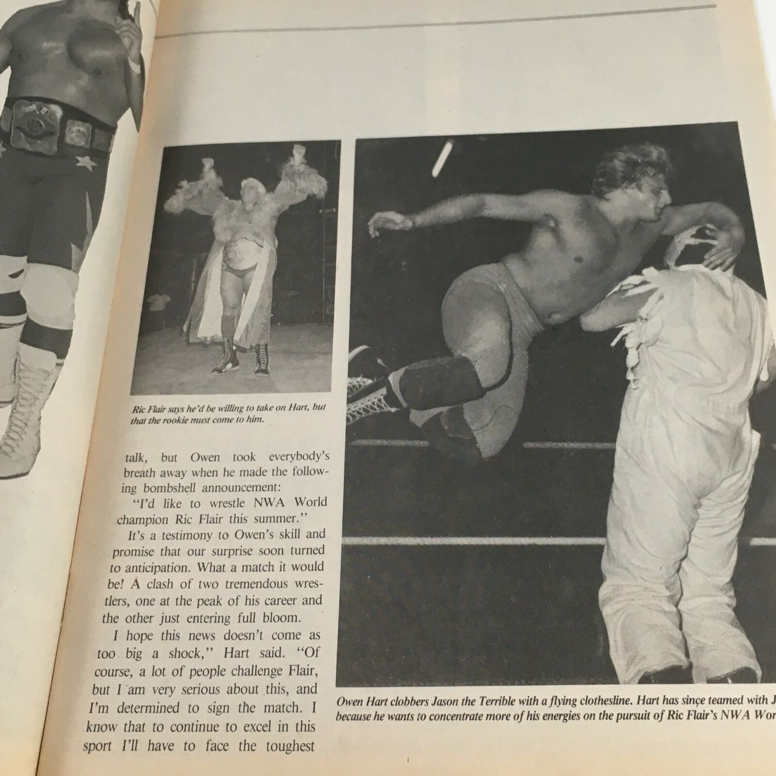 Owen Hart vs Ric Flair wrestling action image from Victory Sports Wrestling Magazine Summer 1988 showcasing iconic wrestlers.