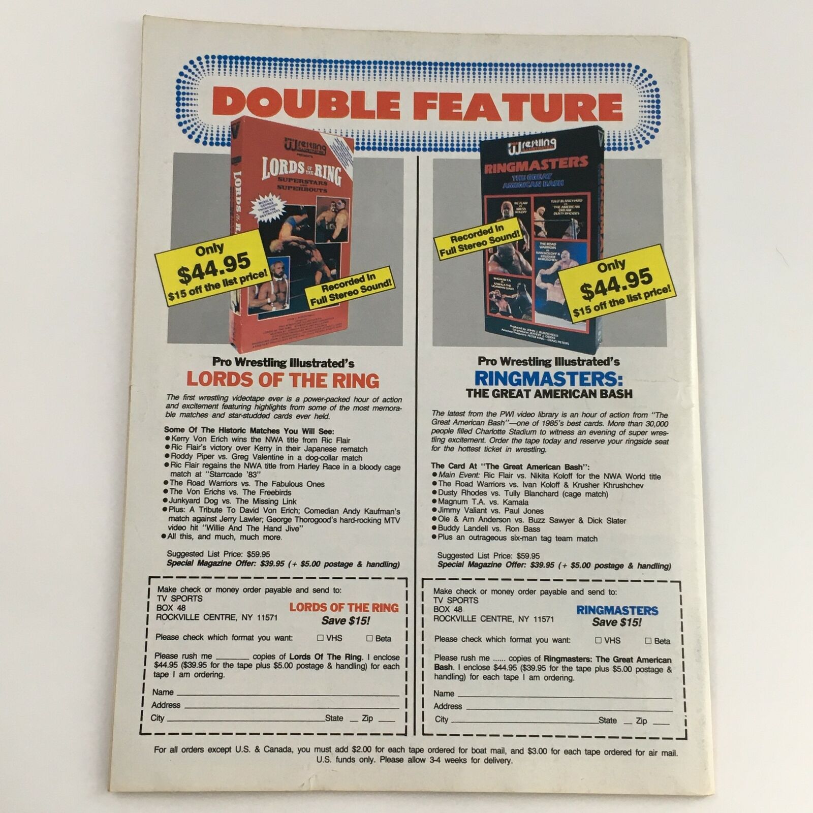 Advertisement for wrestling video releases in Victory Sports Wrestling Magazine Summer 1988 promoting popular wrestling tapes.