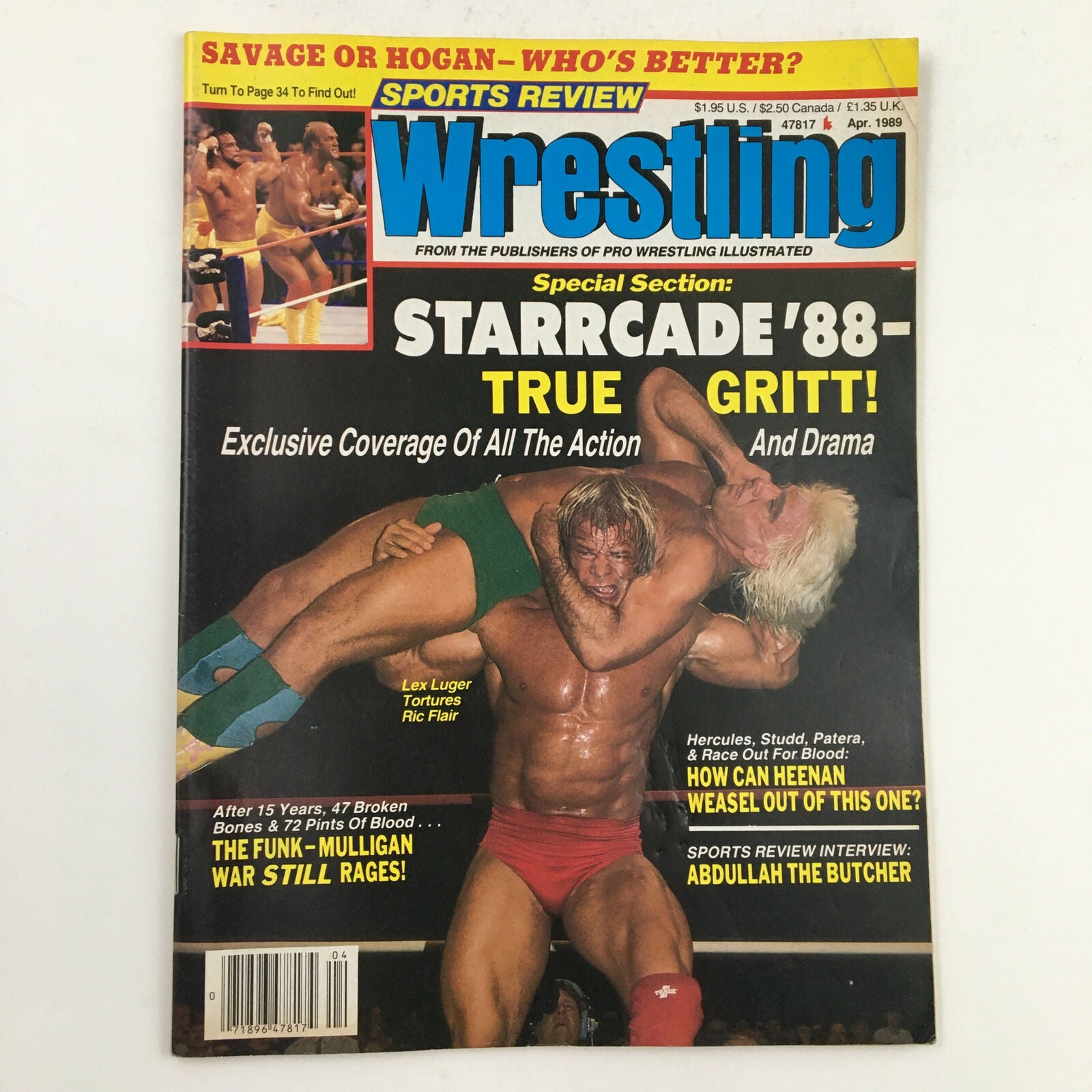 Cover of Sports Review Wrestling Magazine April 1989 featuring Hulk Hogan and Lex Luger wrestling Ric Flair, showcasing the headline 'Special Section: Starrcade '88 - True Grit!'.