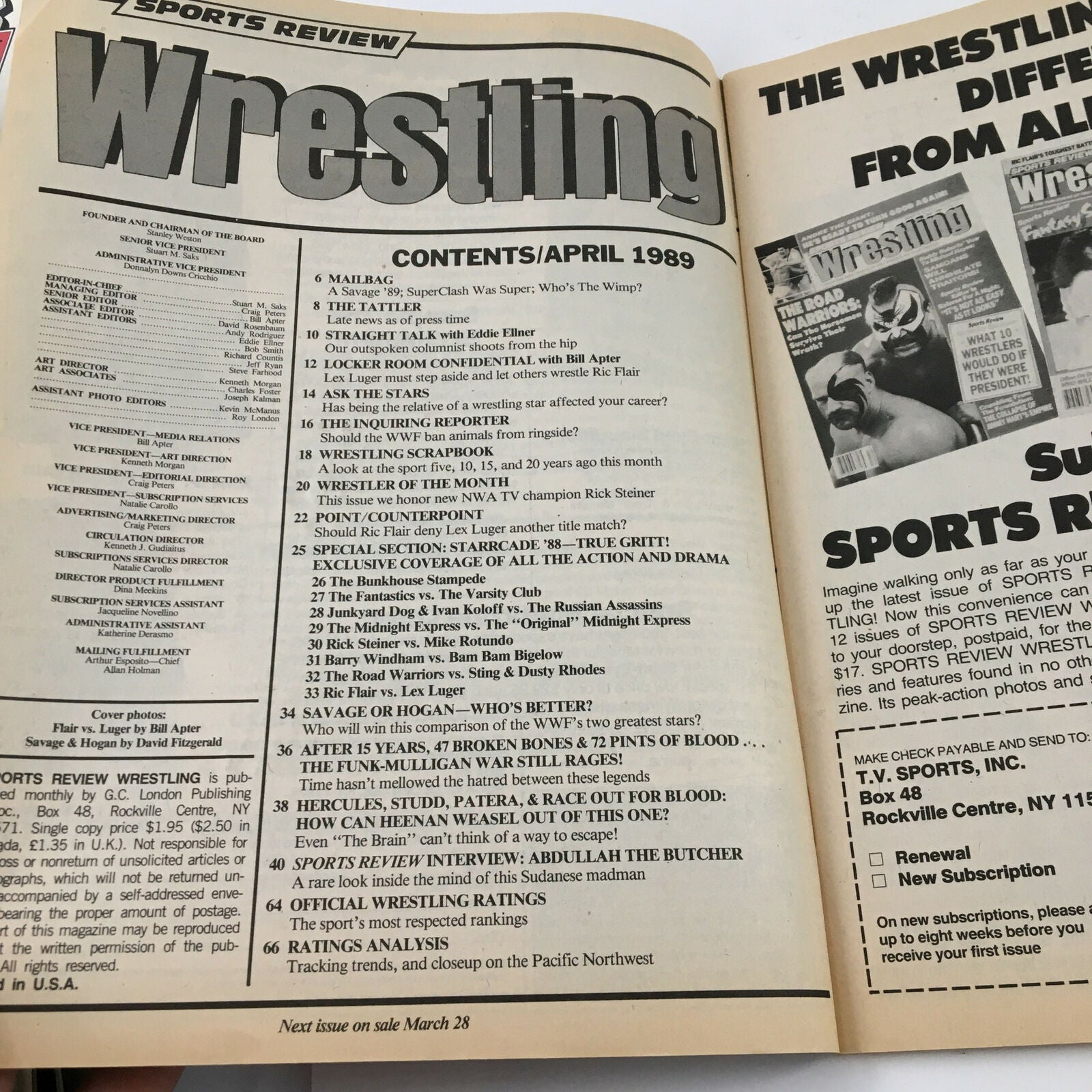 Inside contents page of Sports Review Wrestling Magazine April 1989, listing articles including coverage of Hulk Hogan, Lex Luger vs Ric Flair, and other wrestling features.