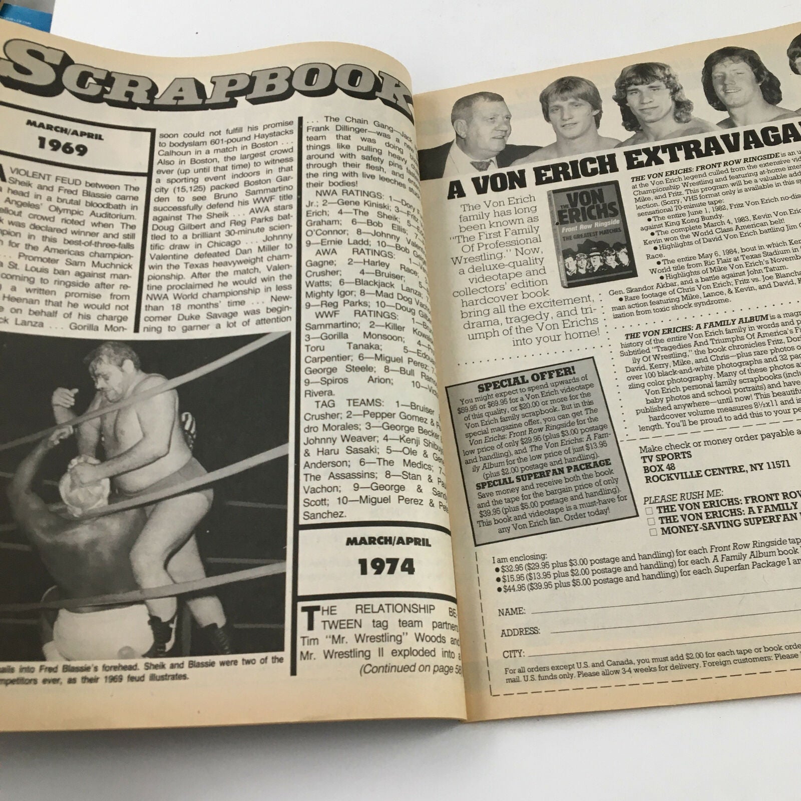 Scrapbook section of Sports Review Wrestling Magazine April 1989, highlighting historical moments in wrestling history, including a wrestling match featuring legends.