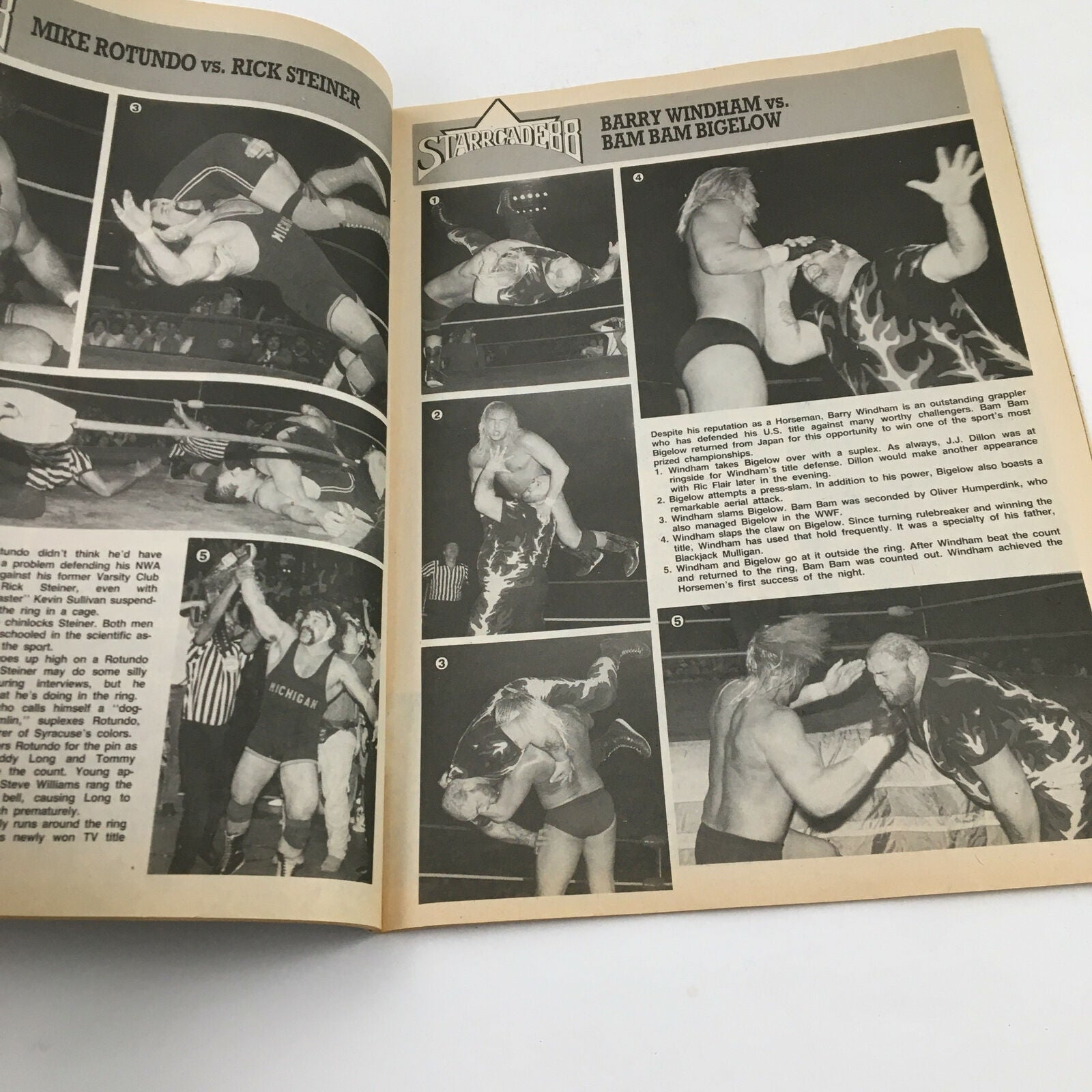 Inside view of the April 1989 Sports Review Wrestling Magazine showcasing a matchup between Mike Rotundo and Rick Steiner, along with action shots from the match.