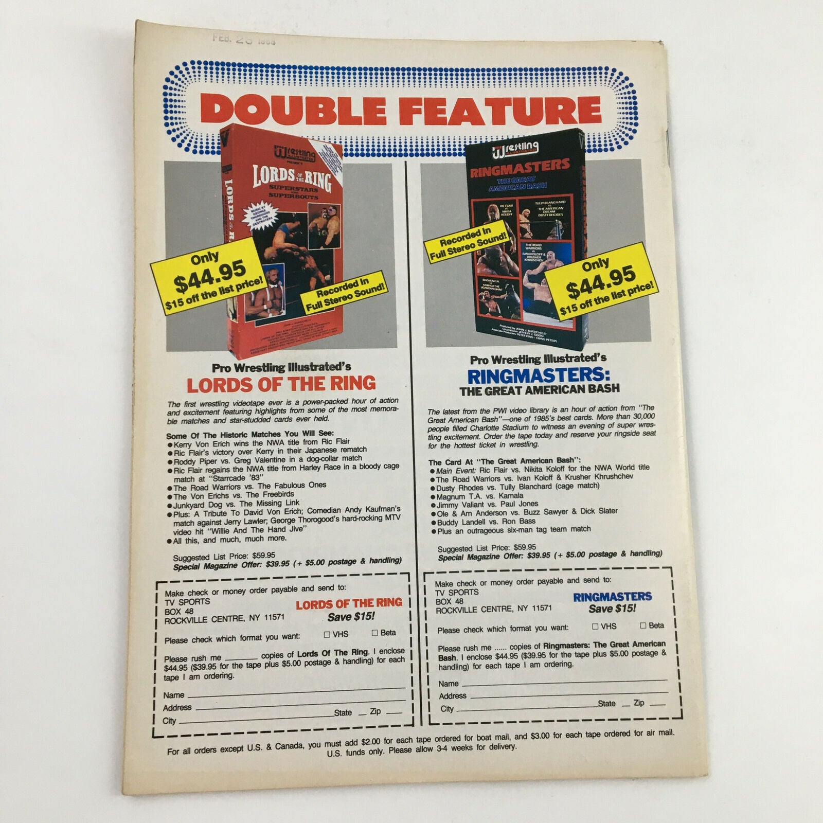 Back cover of the April 1989 Sports Review Wrestling Magazine displaying a double feature advertisement for Pro Wrestling Illustrated's 'Lords of the Ring' and 'Ringmasters: The Great American Bash'.