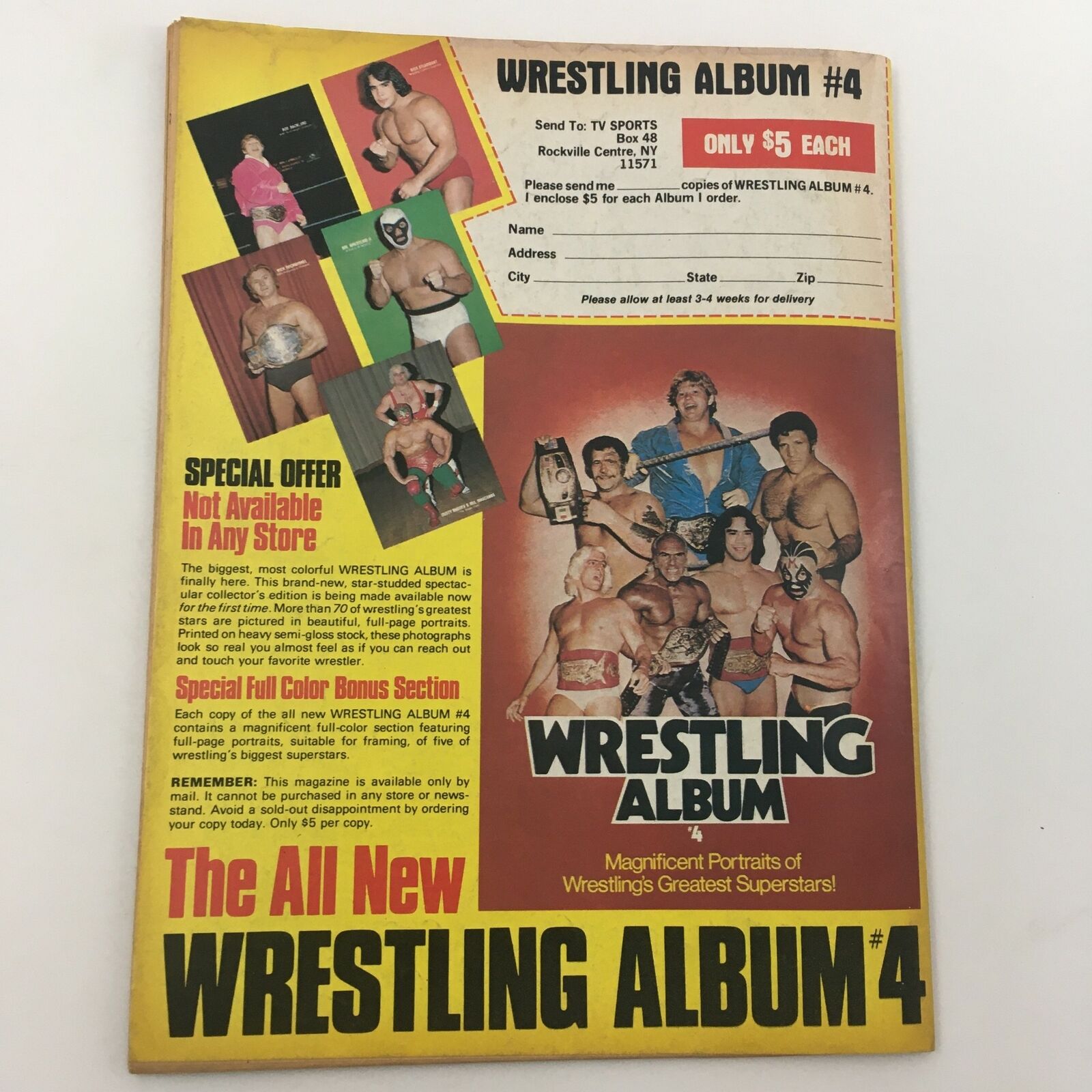 Back cover of The Wrestler Magazine August 1981 promoting Wrestling Album #4 with images of famous wrestlers.