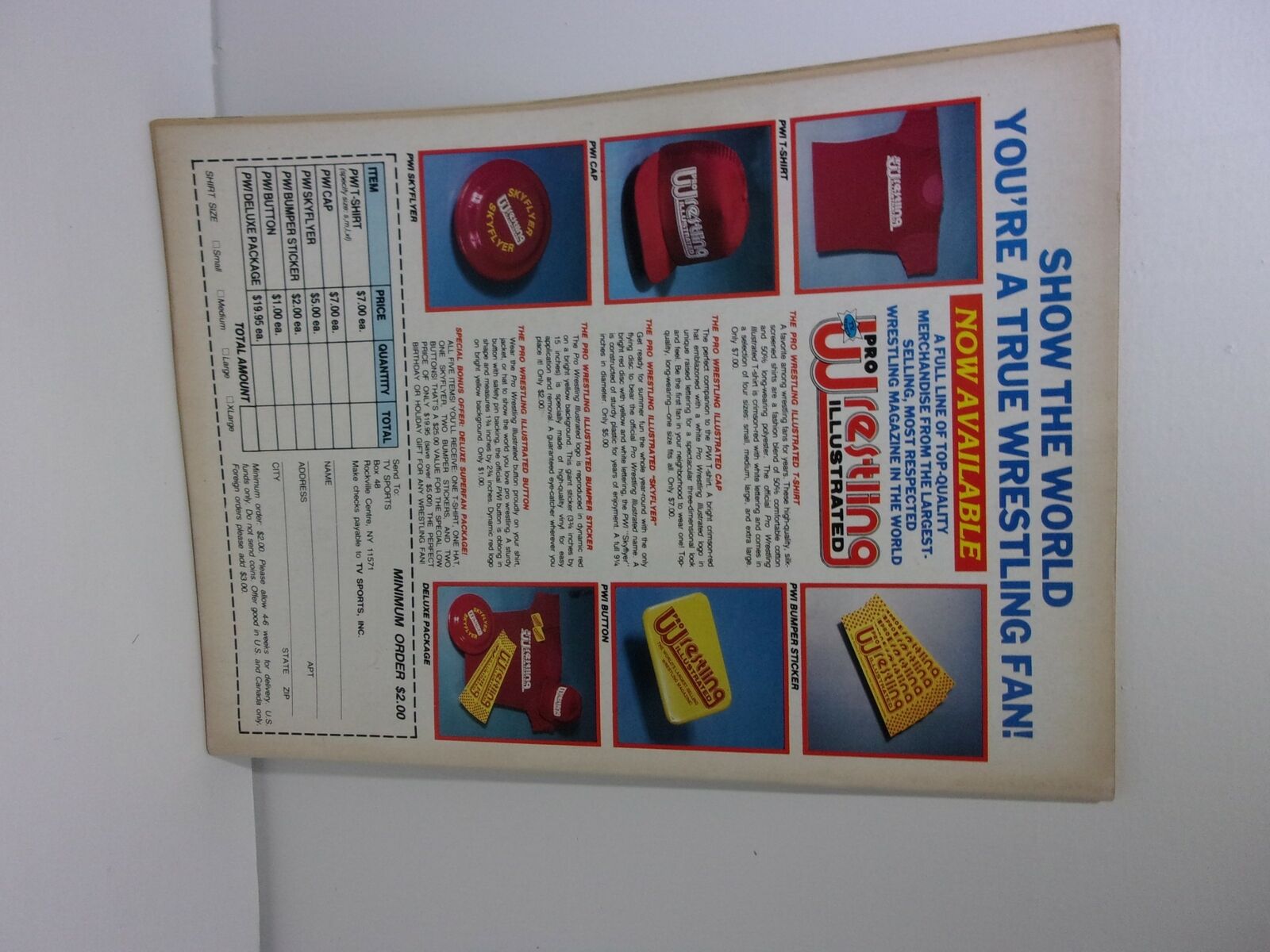 Back cover of Sports Preview Wrestling magazine displaying merchandise information and promotional content for wrestling fans.