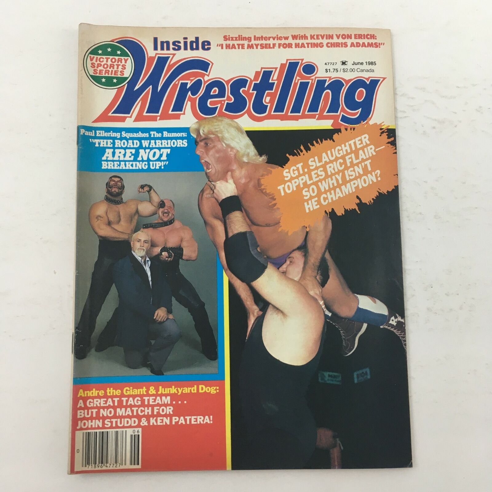Inside Wrestling Magazine June 1985 cover featuring wrestlers Andre the Giant, Junkyard Dog, and insights on the wrestling world.