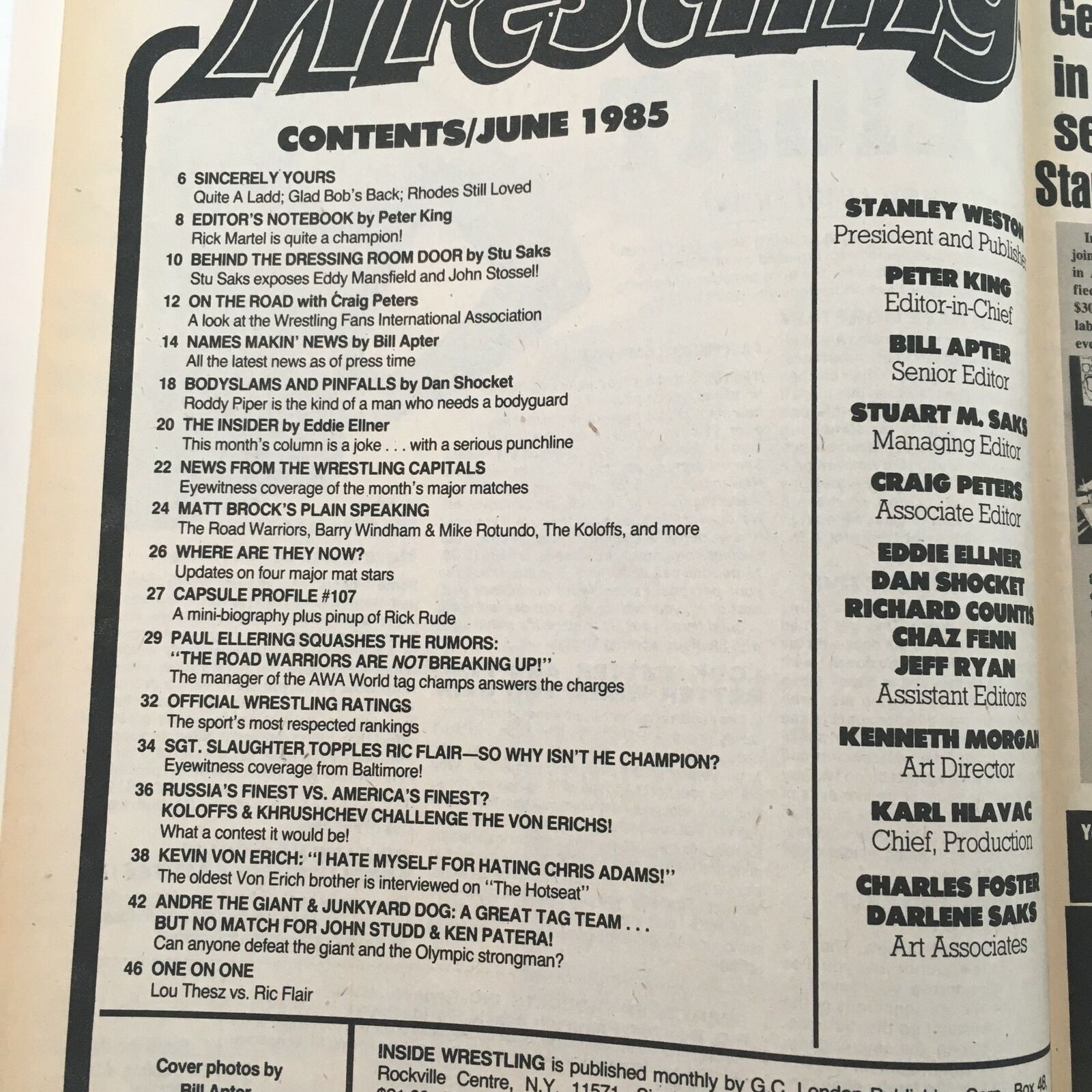 Inside Wrestling Magazine June 1985 contents page showcasing articles, features, and highlights of the wrestling industry.