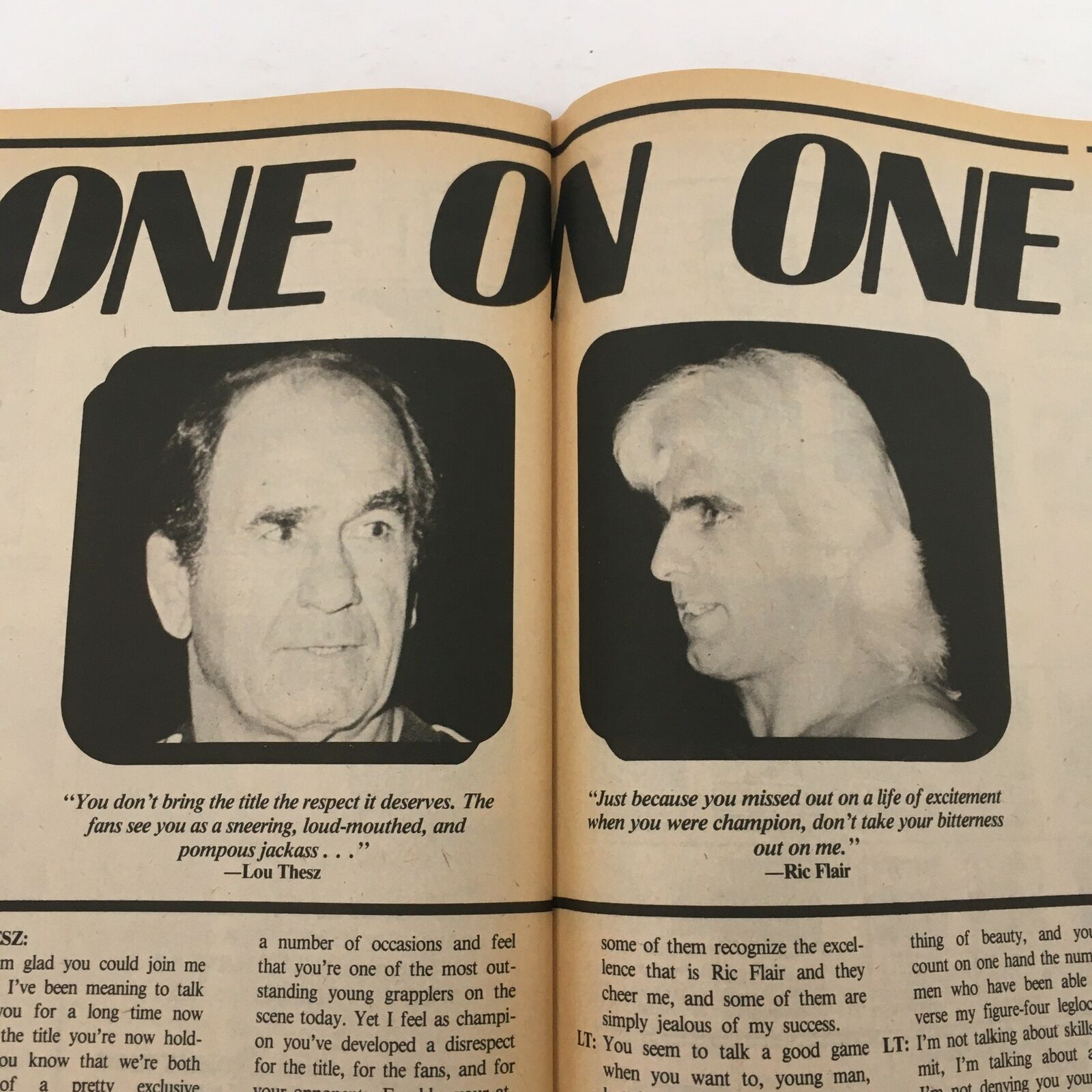 Inside Wrestling Magazine June 1985 page showcasing a one-on-one interview segment with Lou Thesz and Ric Flair, discussing wrestling titles and prestige.