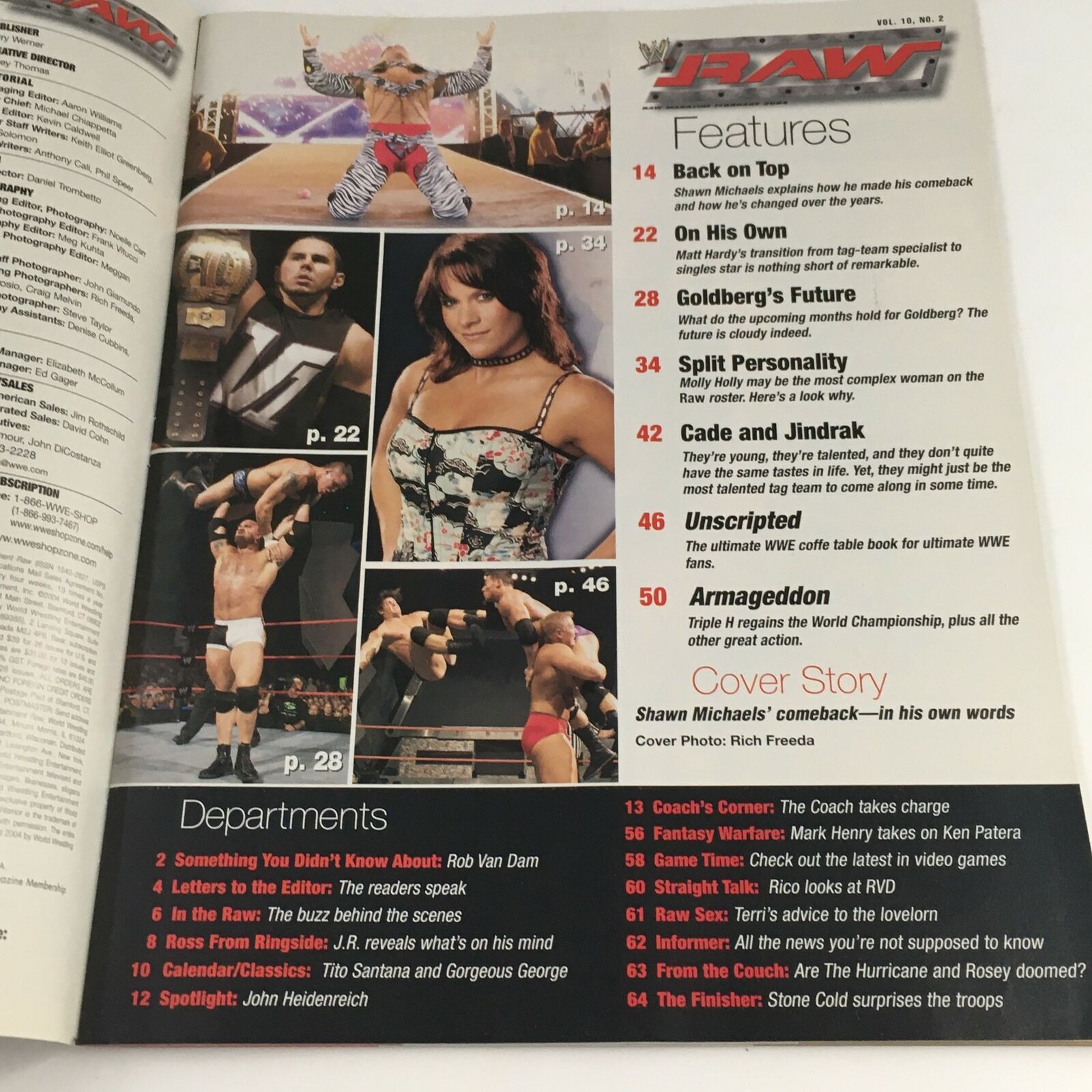Interior page of WWE Raw Magazine February 2004 showcasing features including highlights on wrestlers and the return of Shawn Michaels after a significant hiatus.