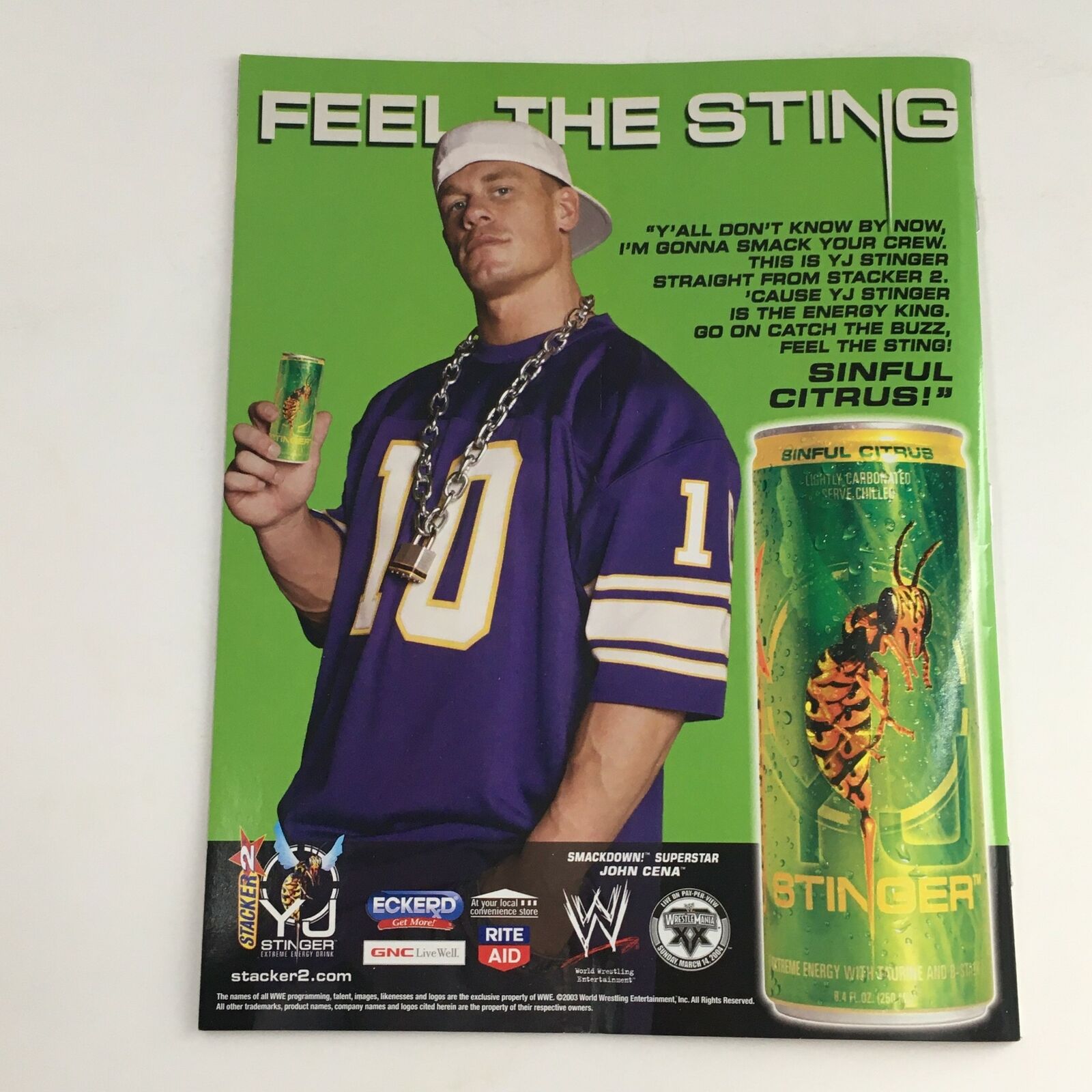 Back cover of WWE Raw Magazine February 2004 featuring John Cena promoting Stinger energy drink, emphasizing wrestling's marketing collaborations.
